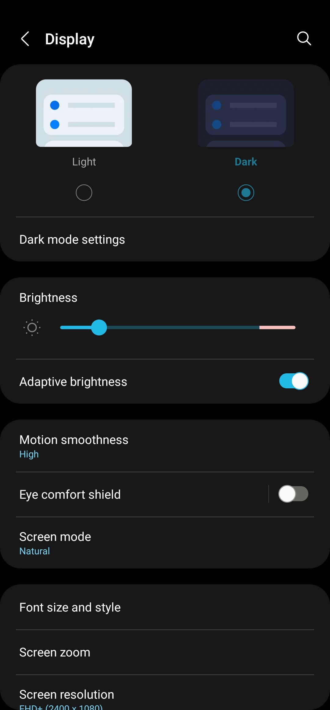 Click Dark to enable dark mode on Samsung