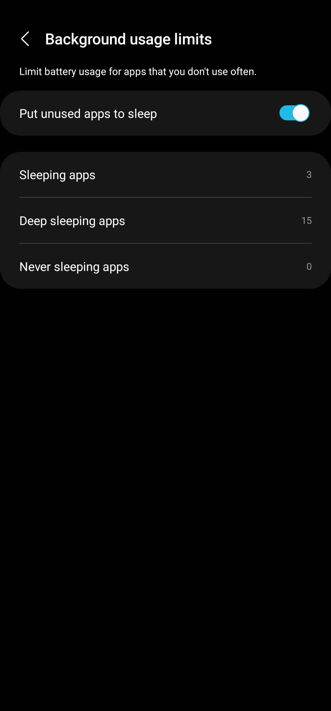 Screenshot highlighting 'Put unused apps to sleep' on Samsung