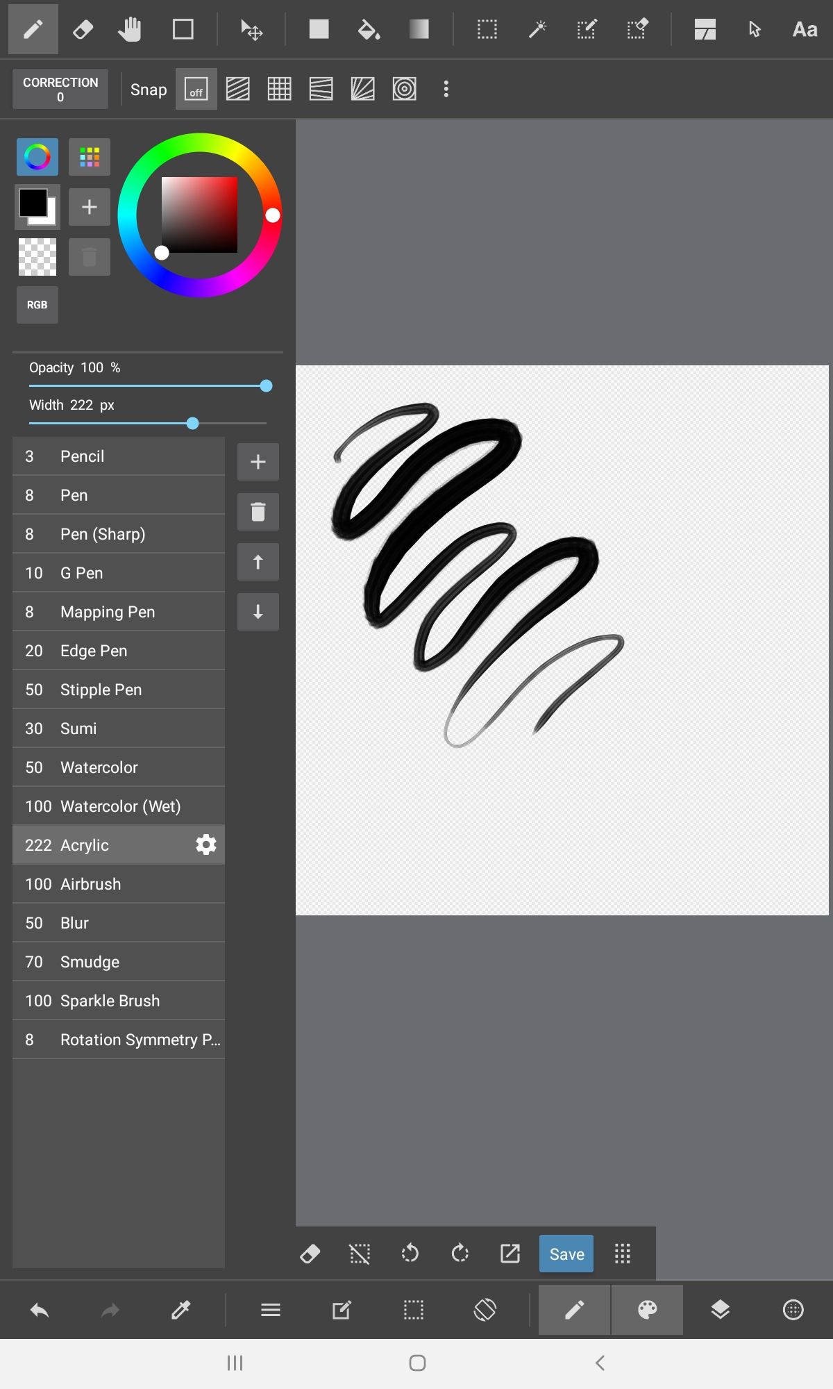 Various brush options for drawing and painting in the MediBang app on Android.