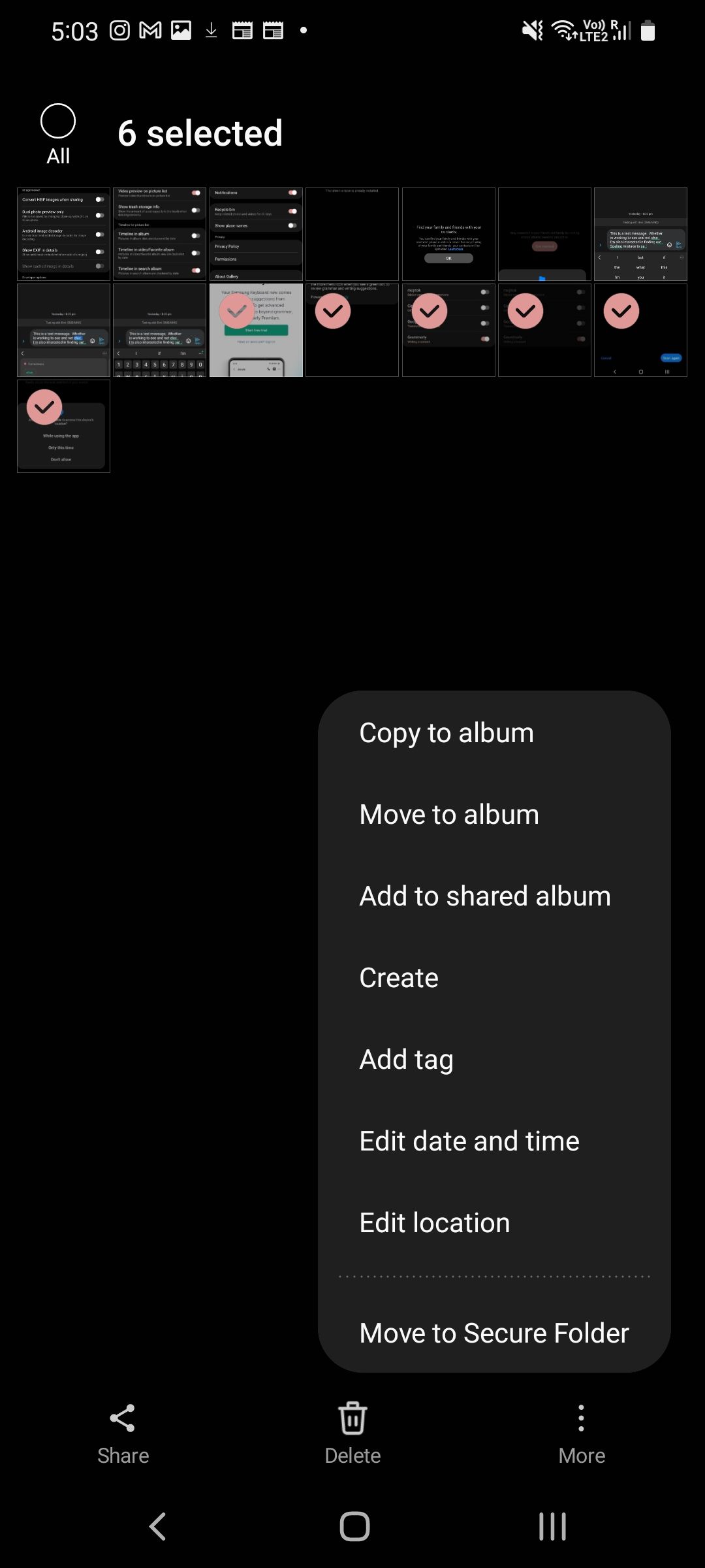 Six photos selected with the More options menu open in Samsung Gallery