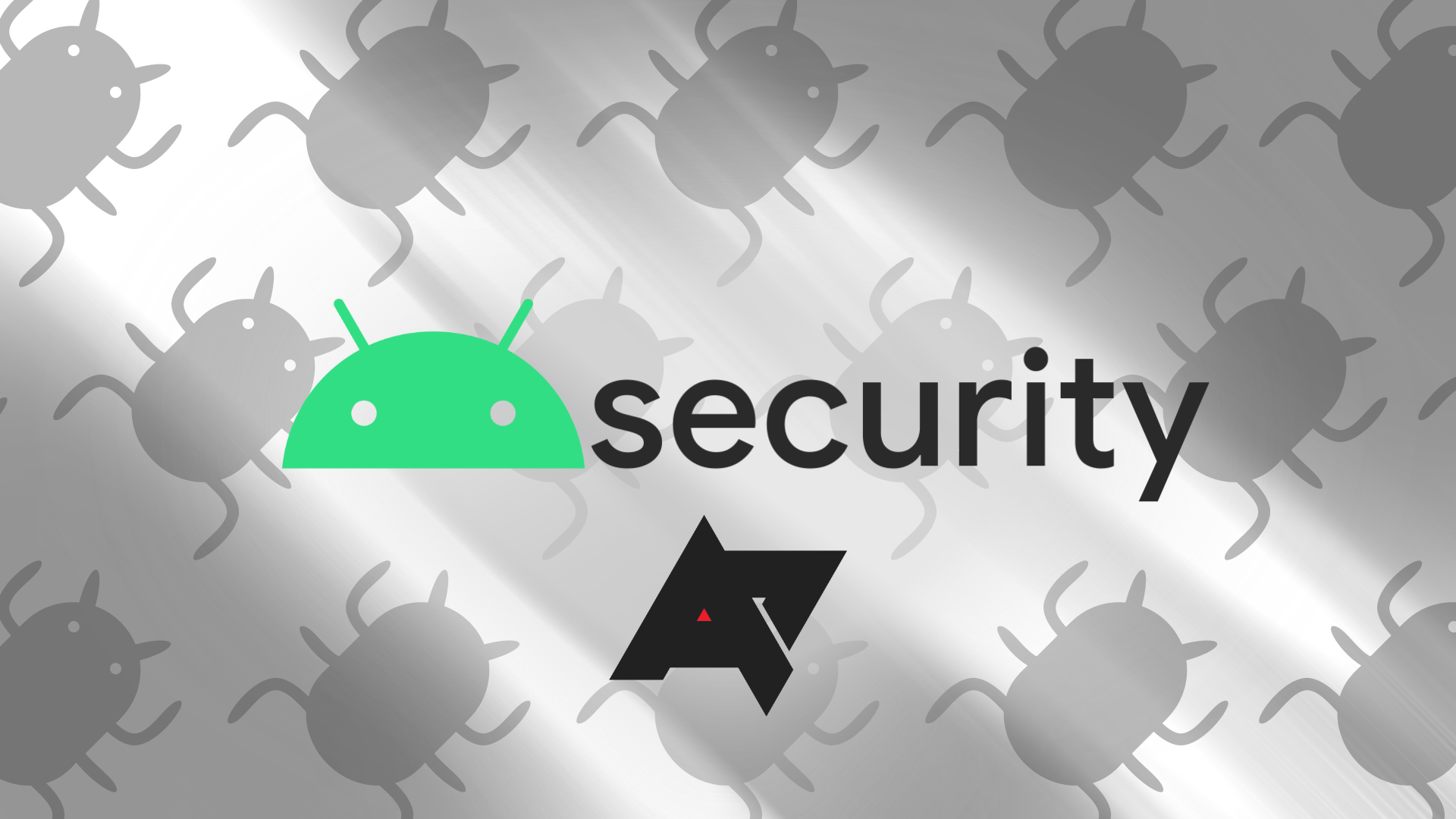 O logotipo do Android Security sobre um fundo repleto de bugs que representam vírus de computador