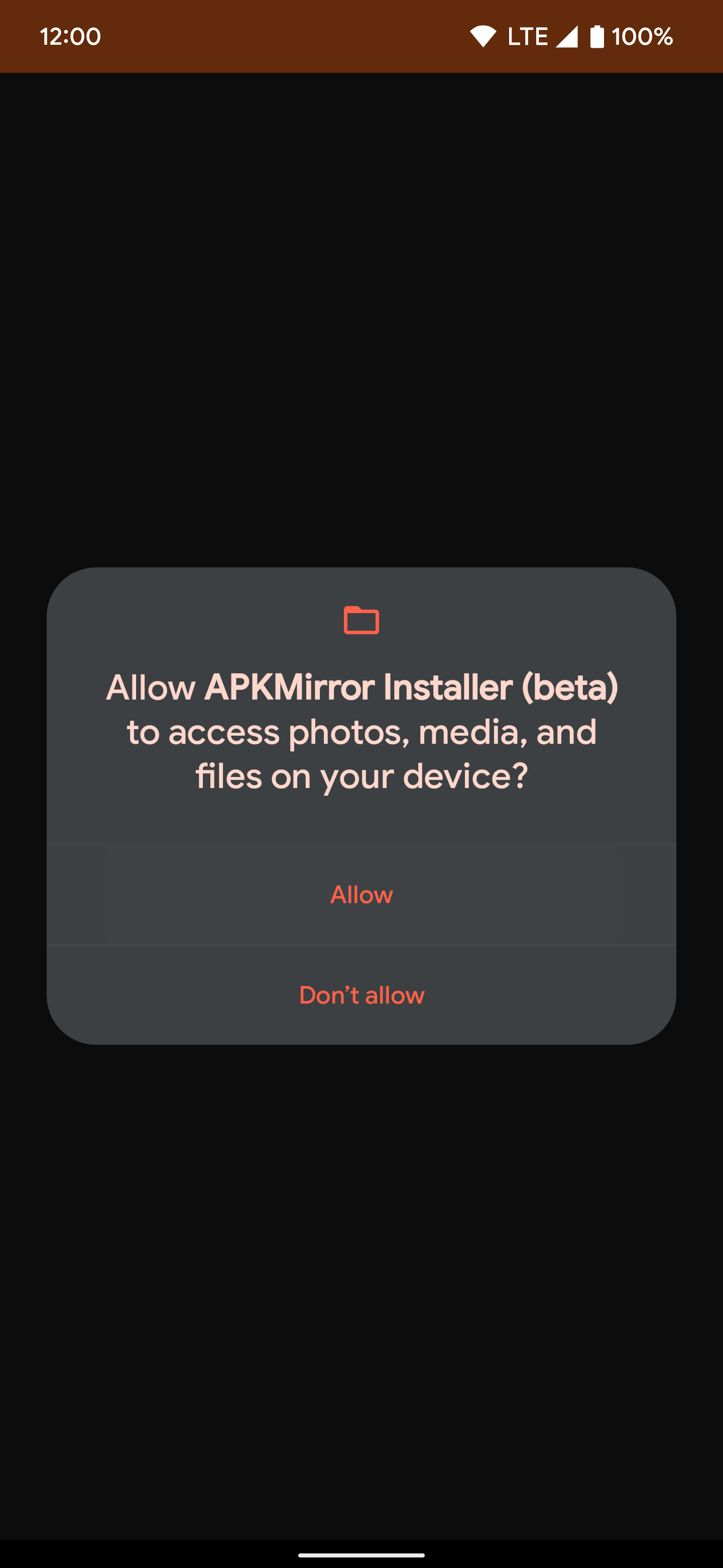 Screenshot of system permission dialog for APK Mirror Installer, asking for access to files