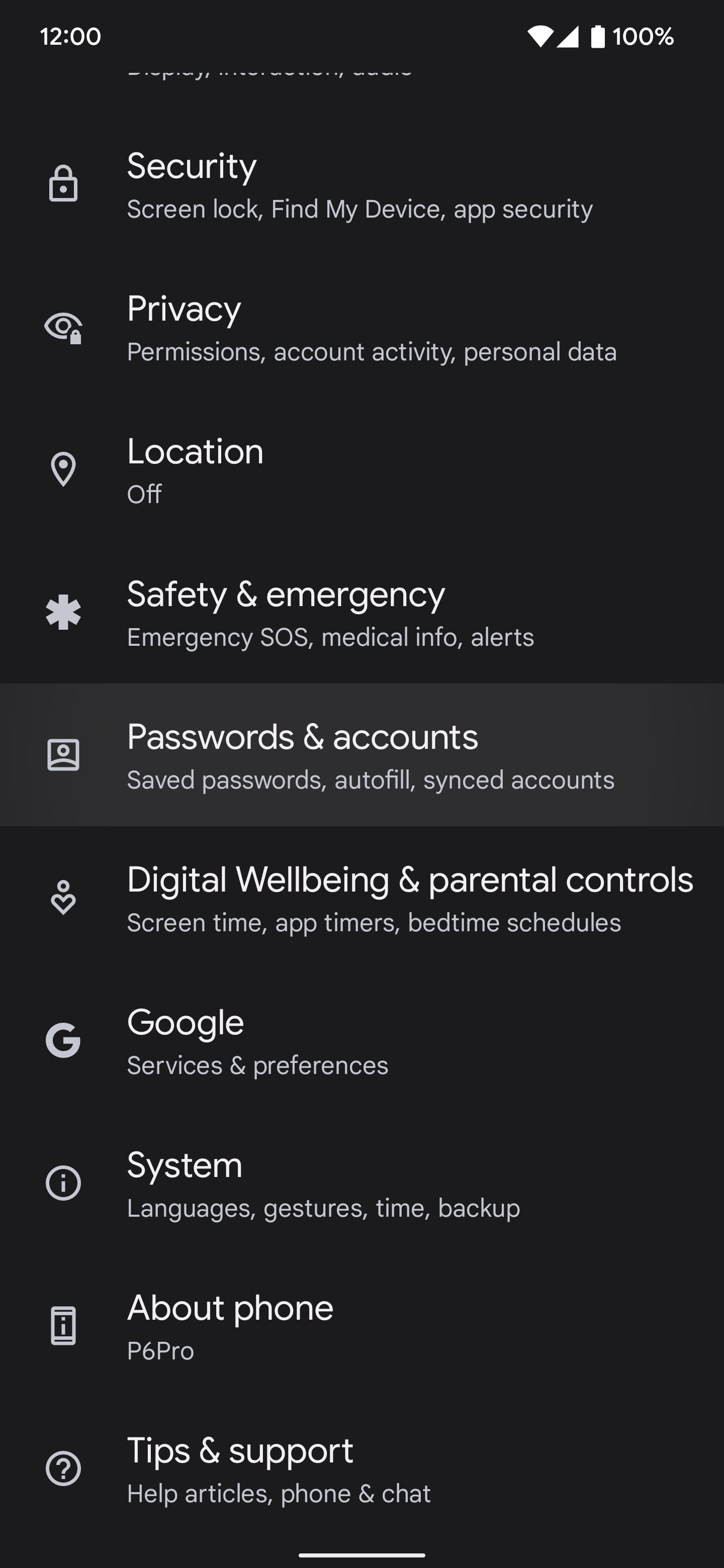 Captura de tela das configurações do Android Configuração de senha e contas