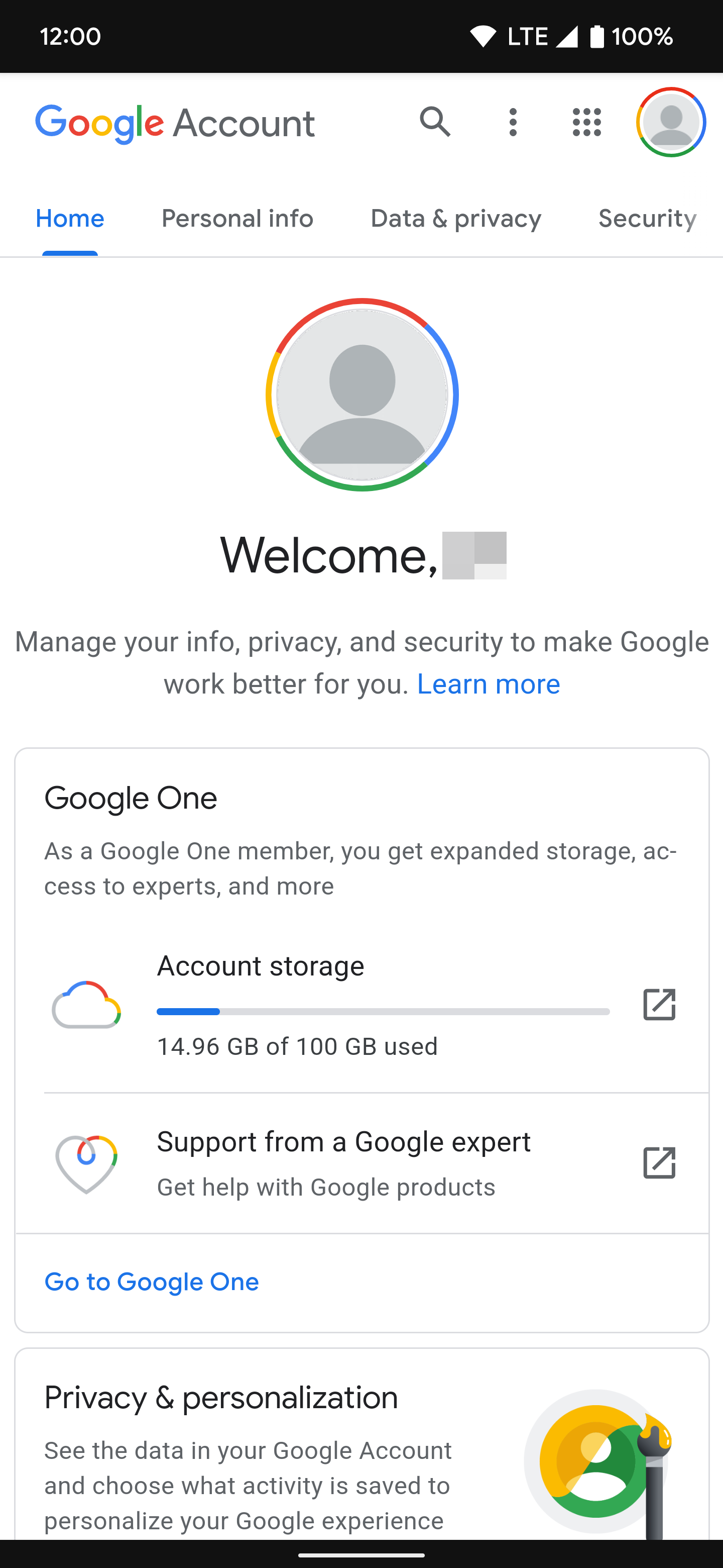 Google account settings on web
