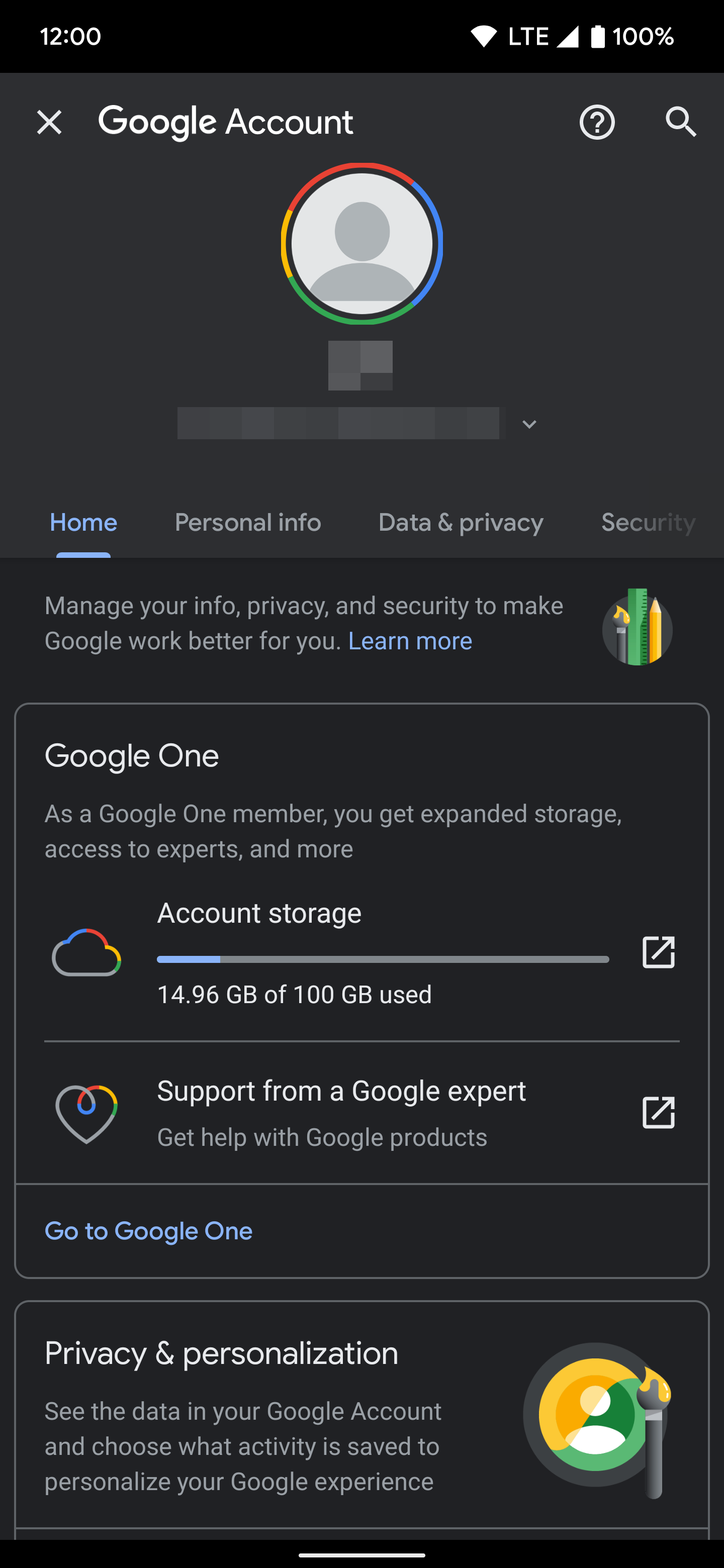 Google Account settings page screenshot