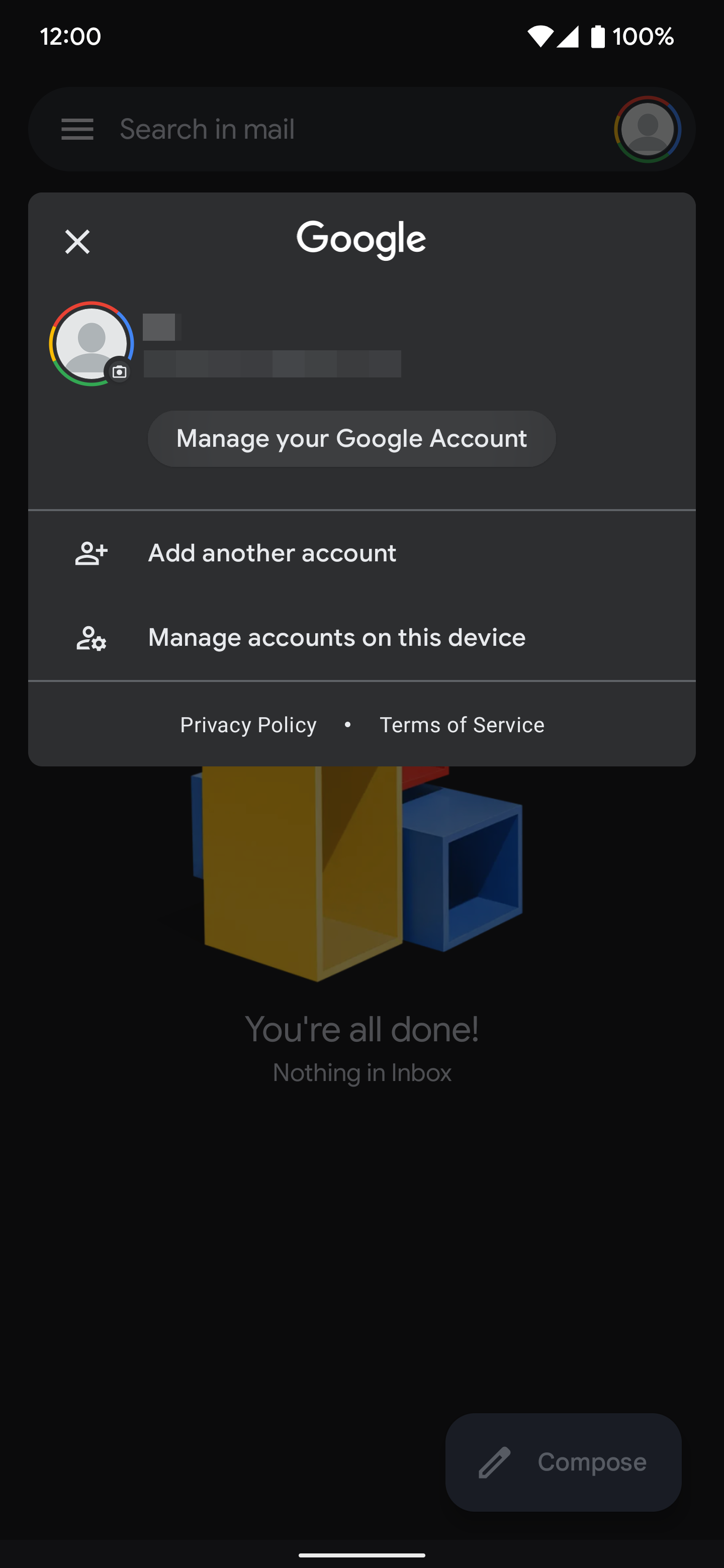 Screenshot showing Google Account option in Gmail app