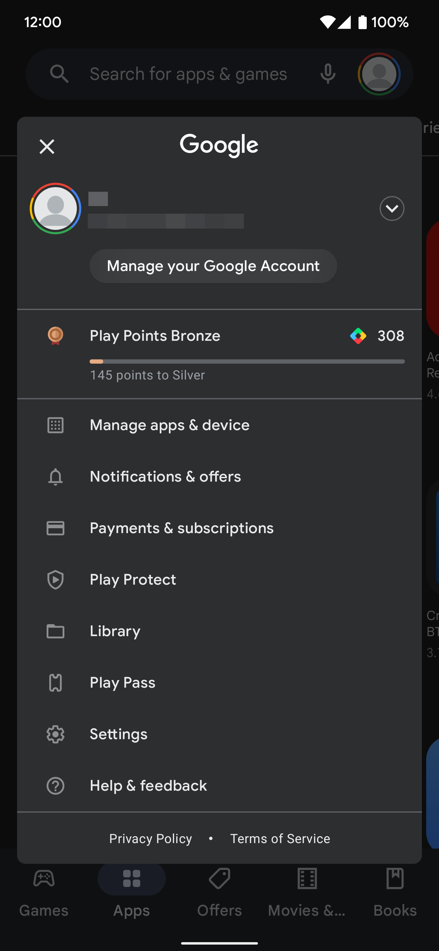 Screenshot showing Google Account option in Play Store app
