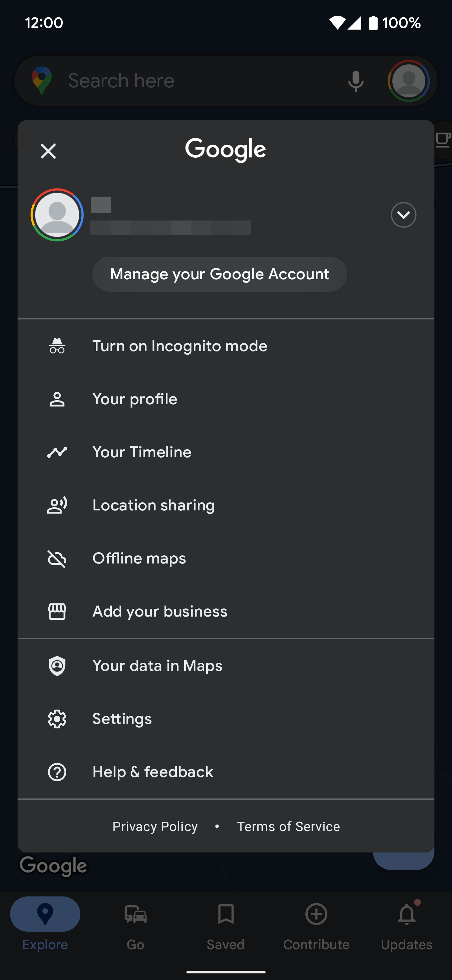 Captura de tela mostrando a opção Conta do Google no aplicativo Google Maps