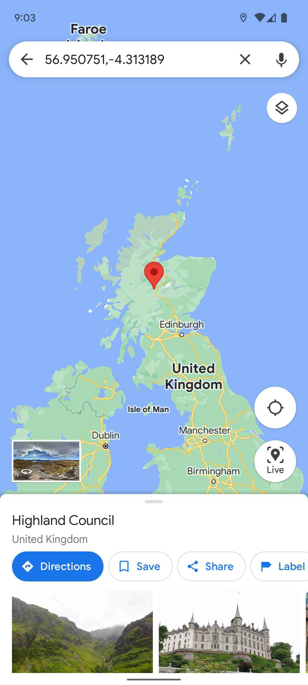 Screenshot shows a pin dropped on the map in the UK in the Google Maps app.