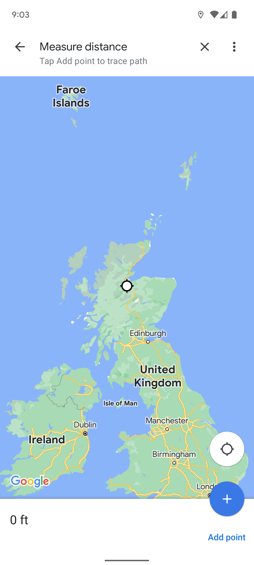 A captura de tela mostra a visualização inicial da ferramenta 'Medir distância' no Google Maps.