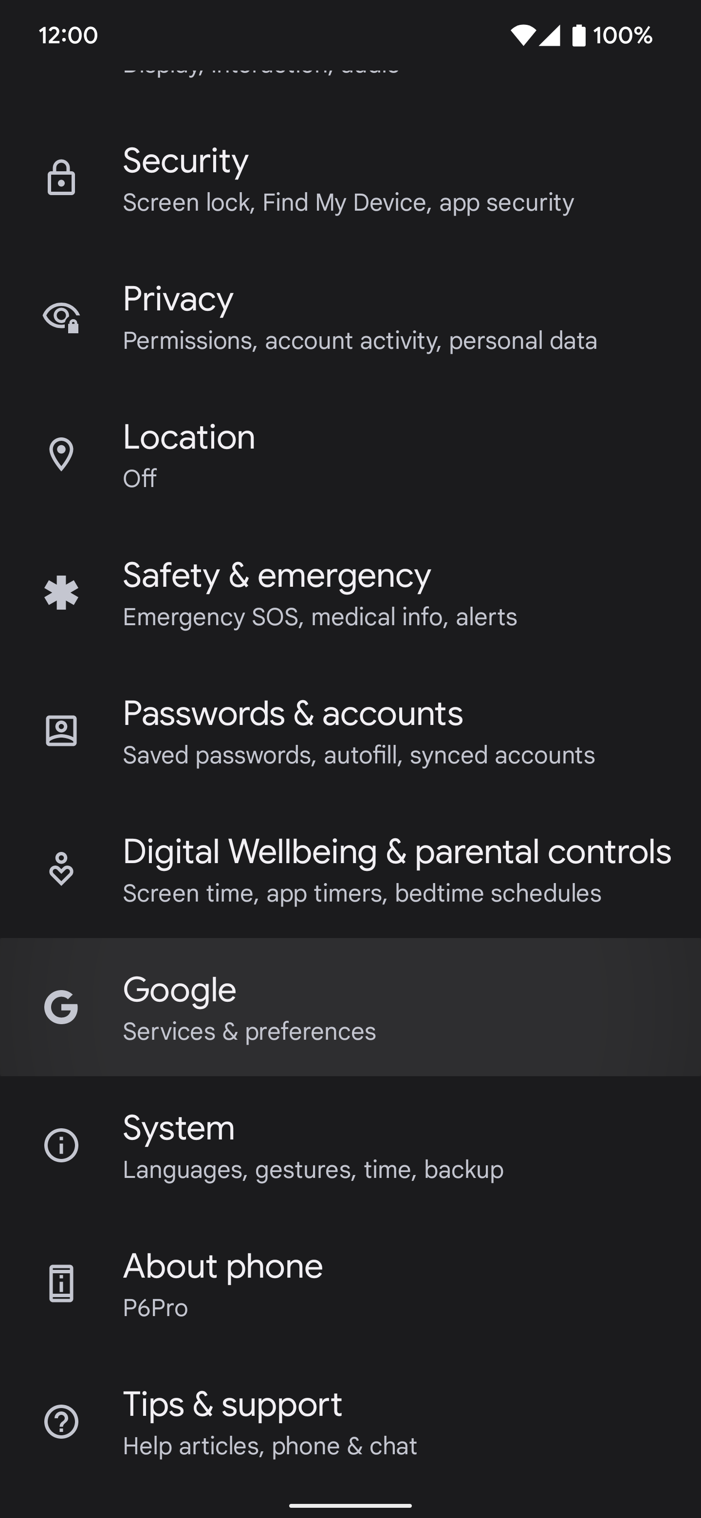 Captura de tela da página de configurações mostrando a opção do Google