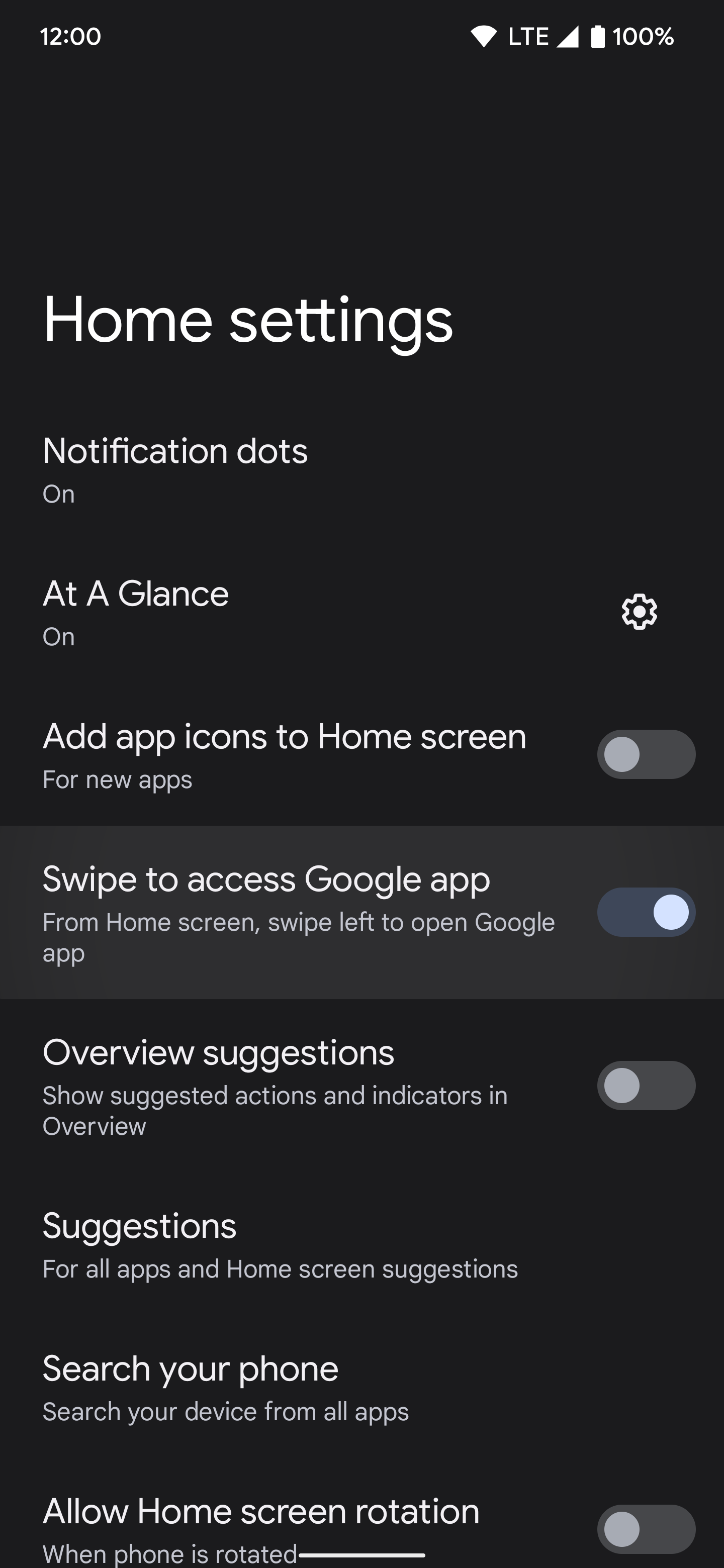 Android Home Settings page screenshot showing swipe to access Google app