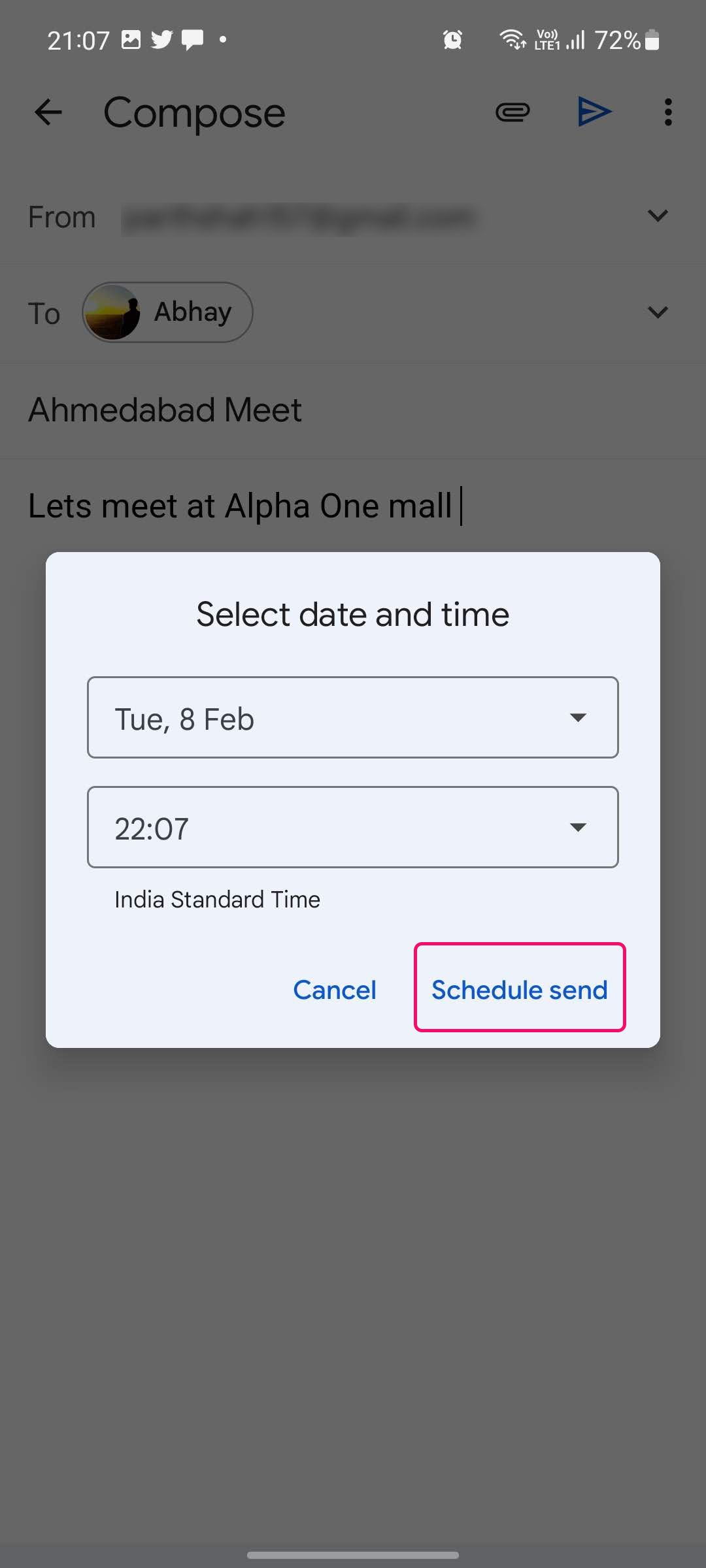After selecting a date and time to send the message, tap 'Schedule send' to send the message later.