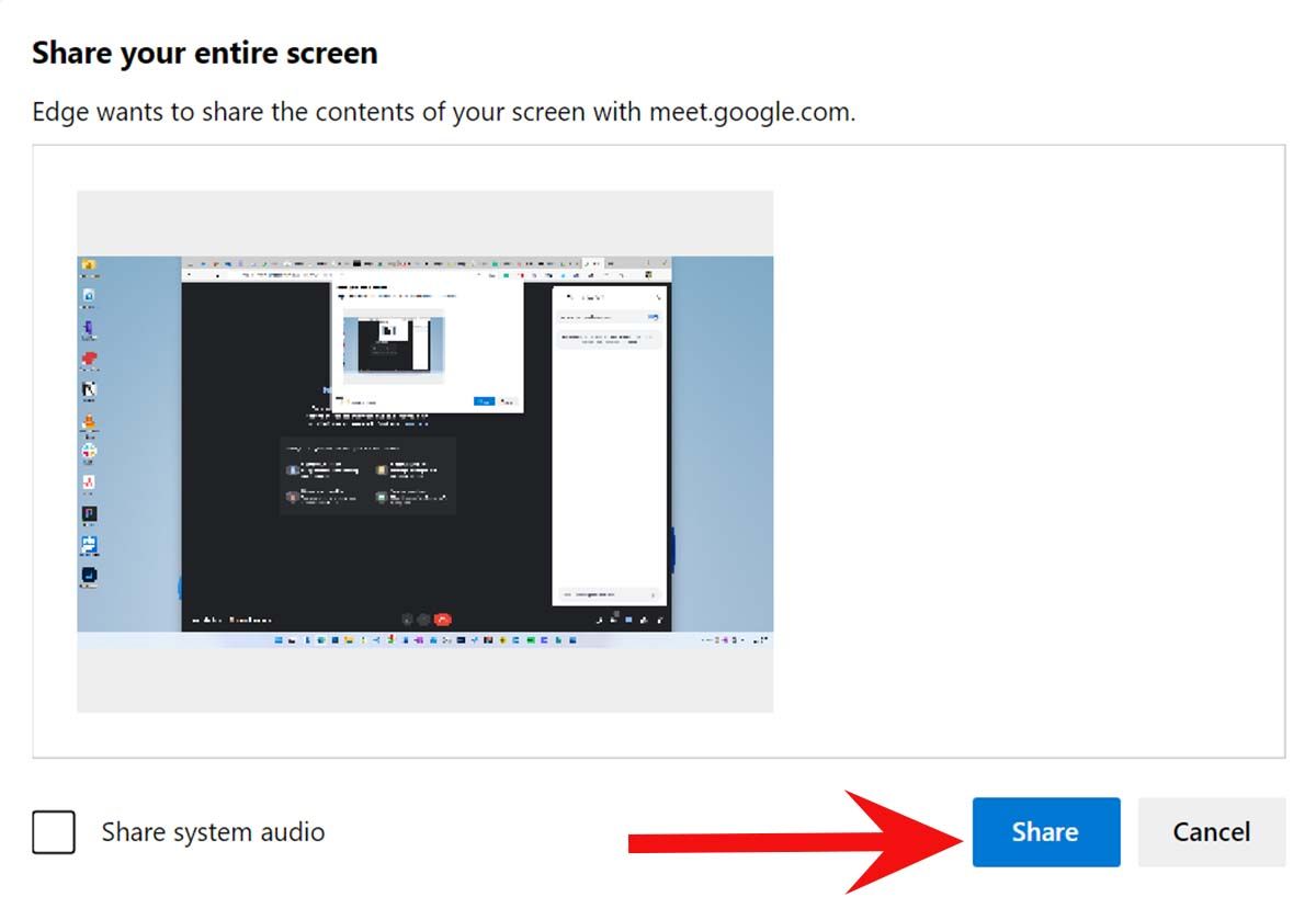 The screen share screen selection interface in Google Meet