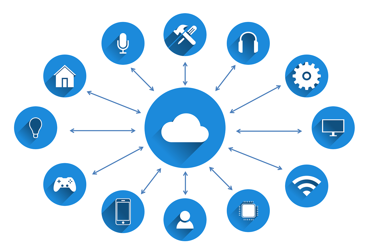various icons in blue circles surrounding a cloud in a blue circle