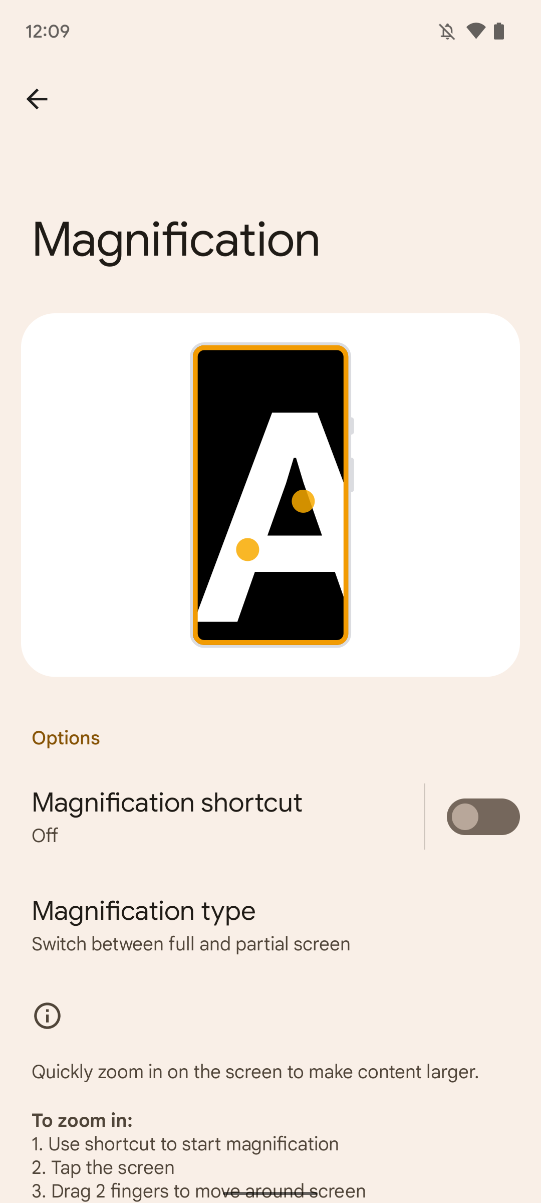 Android 12 Magnifier Options Settings