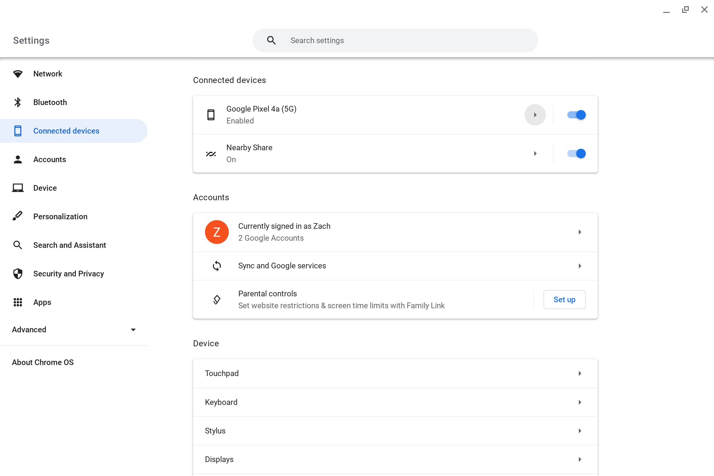 The Connected Devices section of the Chromebook Settings app
