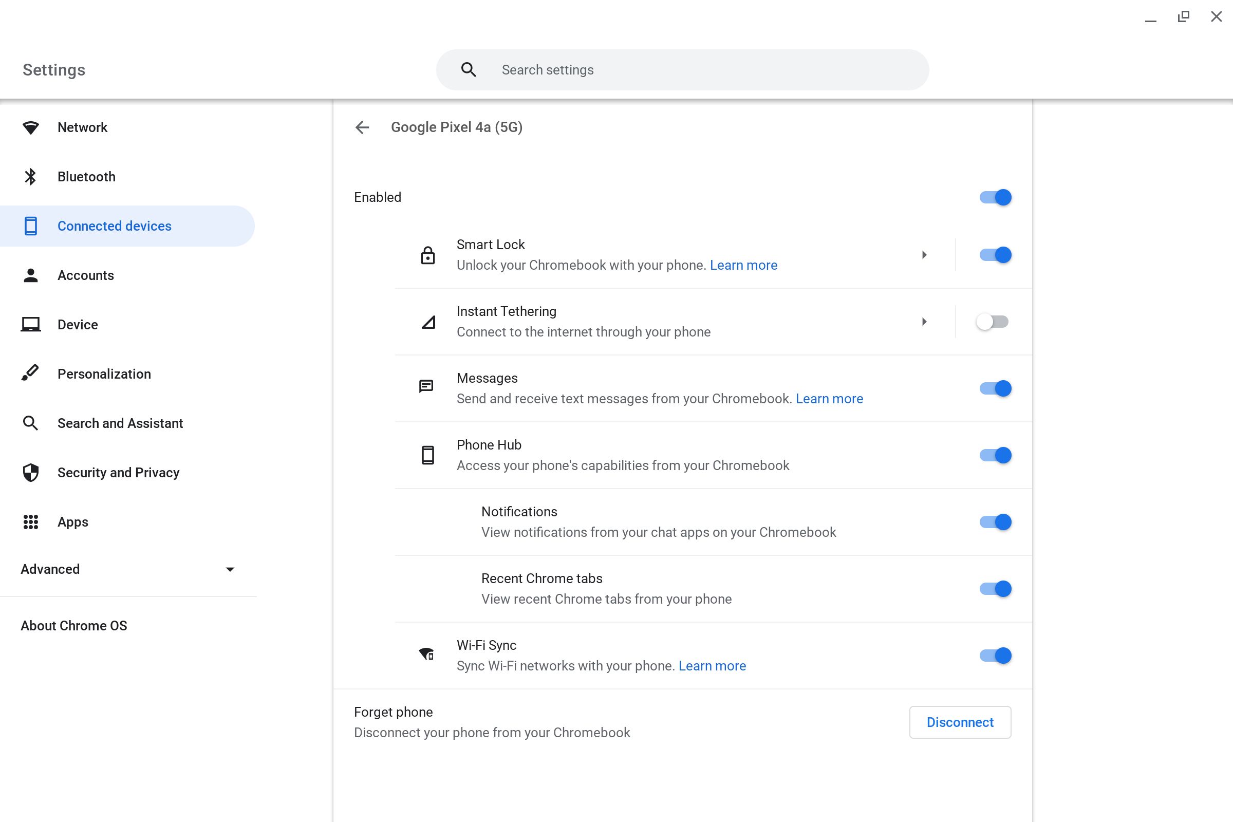 Android phone device settings in the Chromebook Settings app