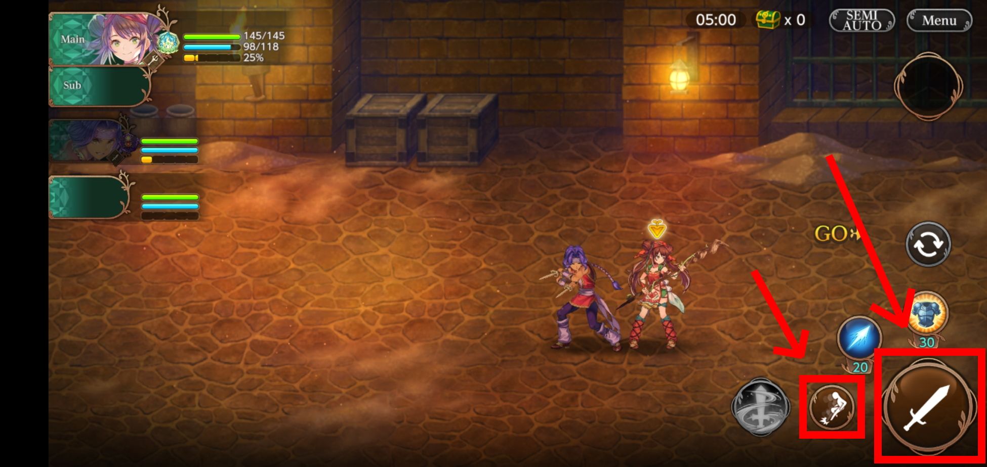 Normal attacks and evade buttons in Echoes of Mana