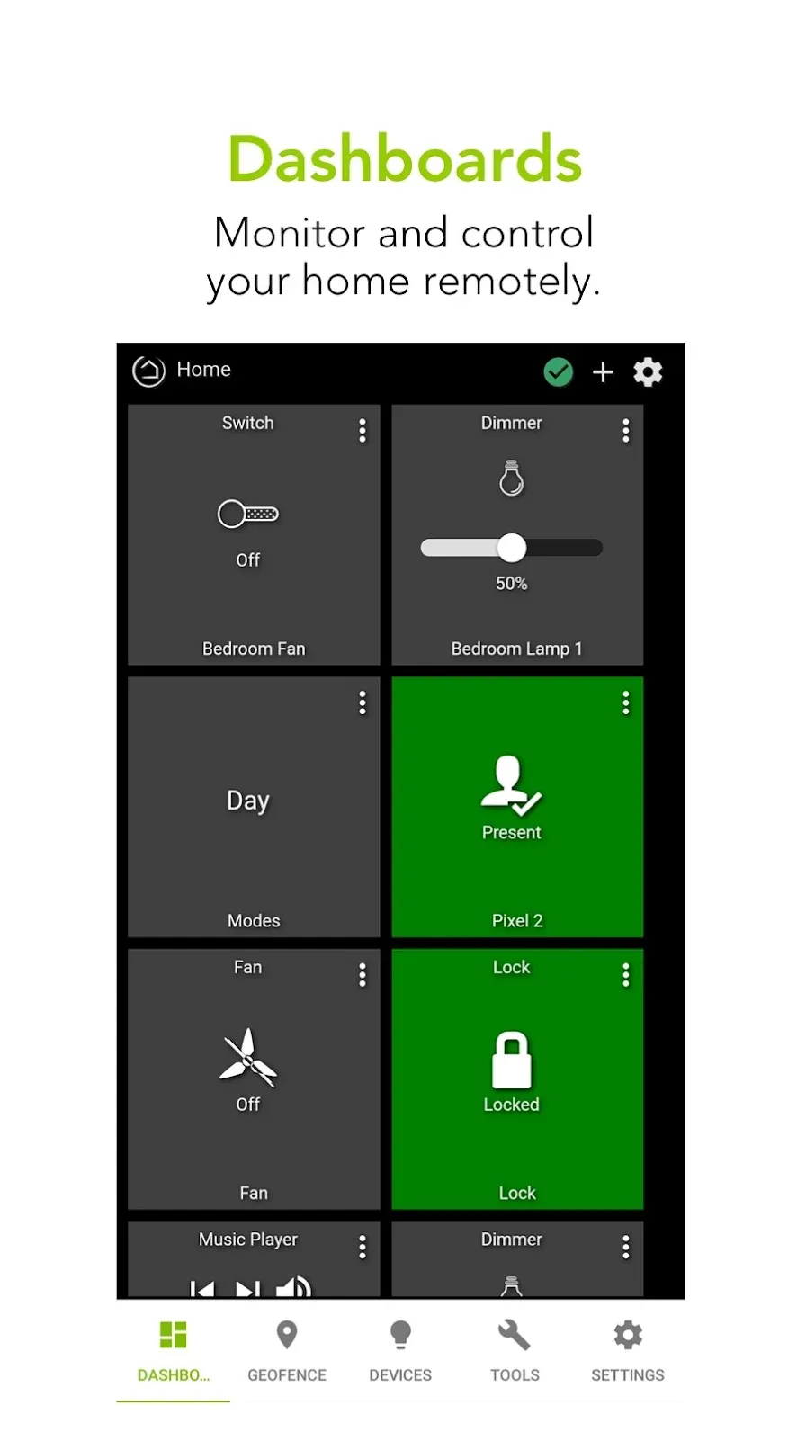 Screenshot of the Hubitat app's dashboard