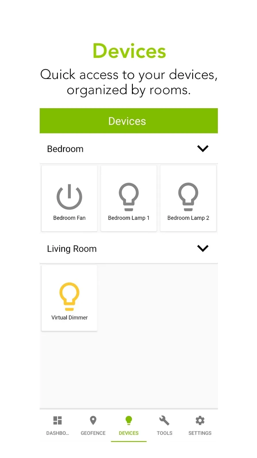 Screenshot of the devices in the Hubitat app