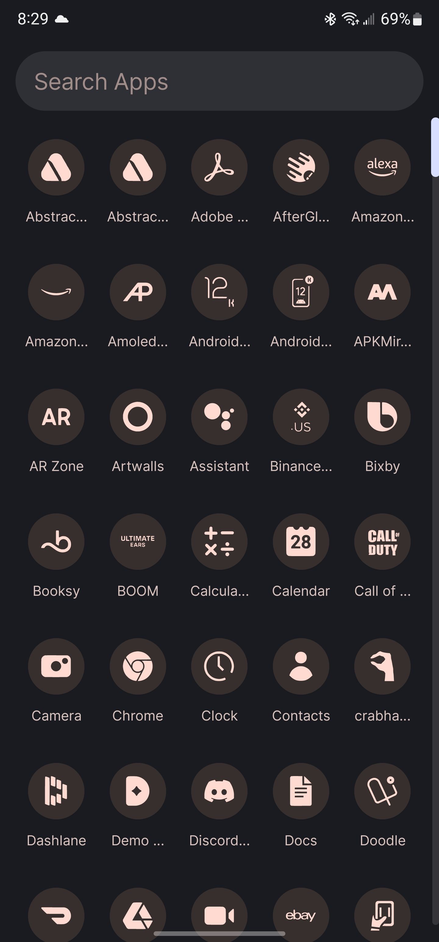 An example showing dark themed app icons on an Android phone 