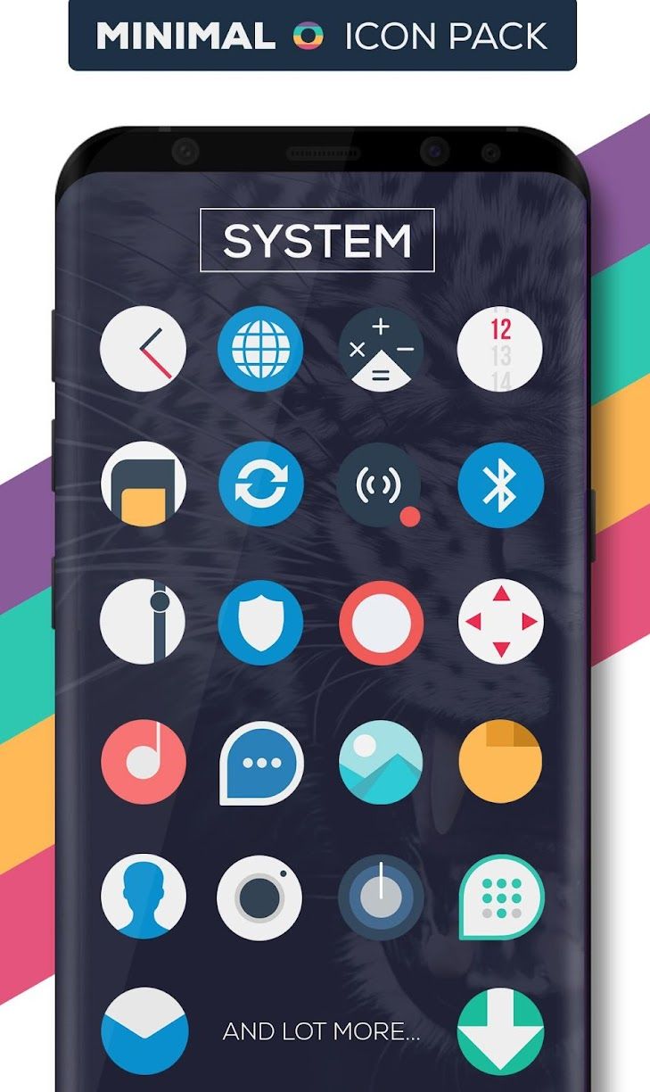 Minimal O - Icon Pack showcase on a phone graphic with a patterned background behind the phone