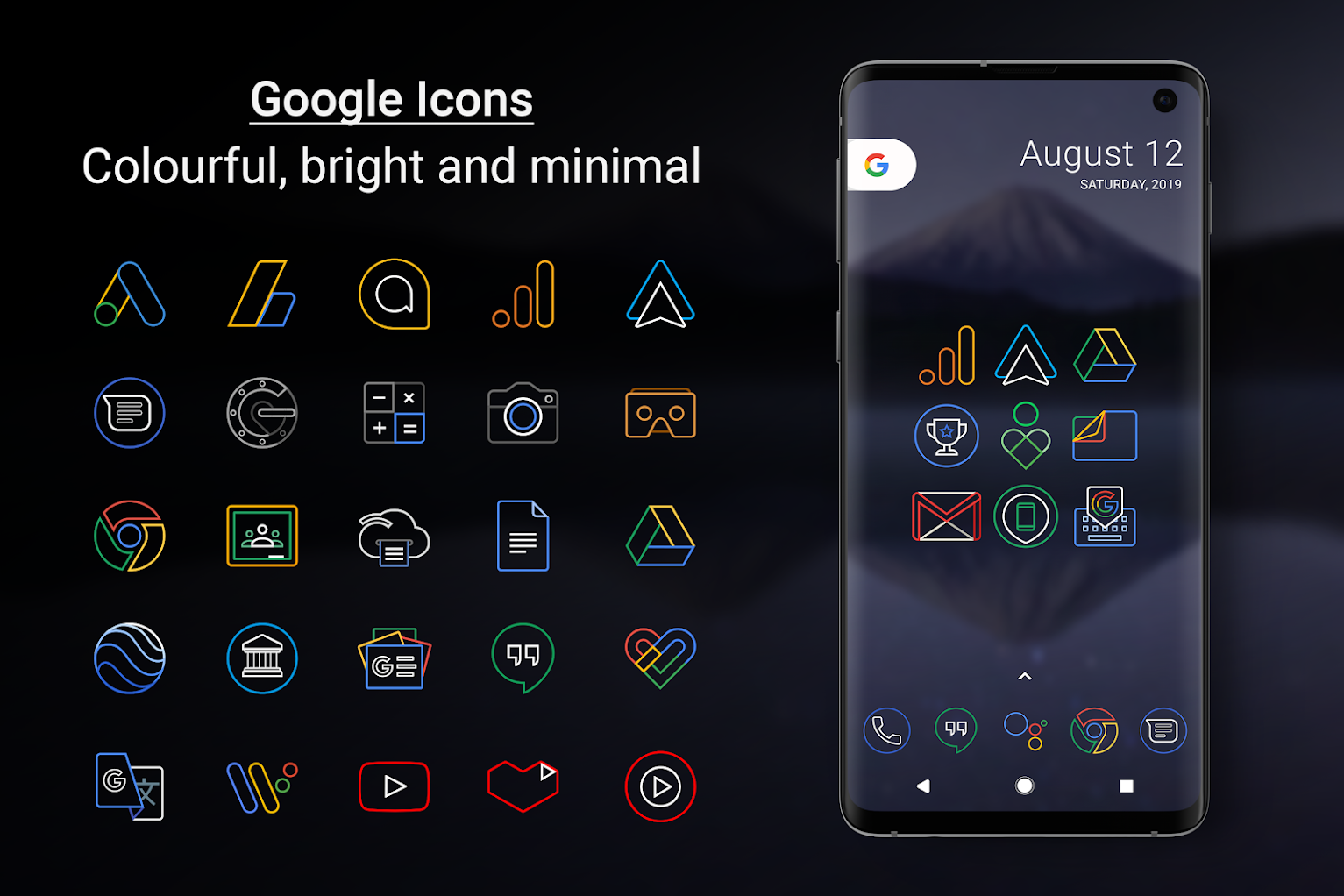 Outline Icons - Icon Pack showcase on dark gray background and on phone