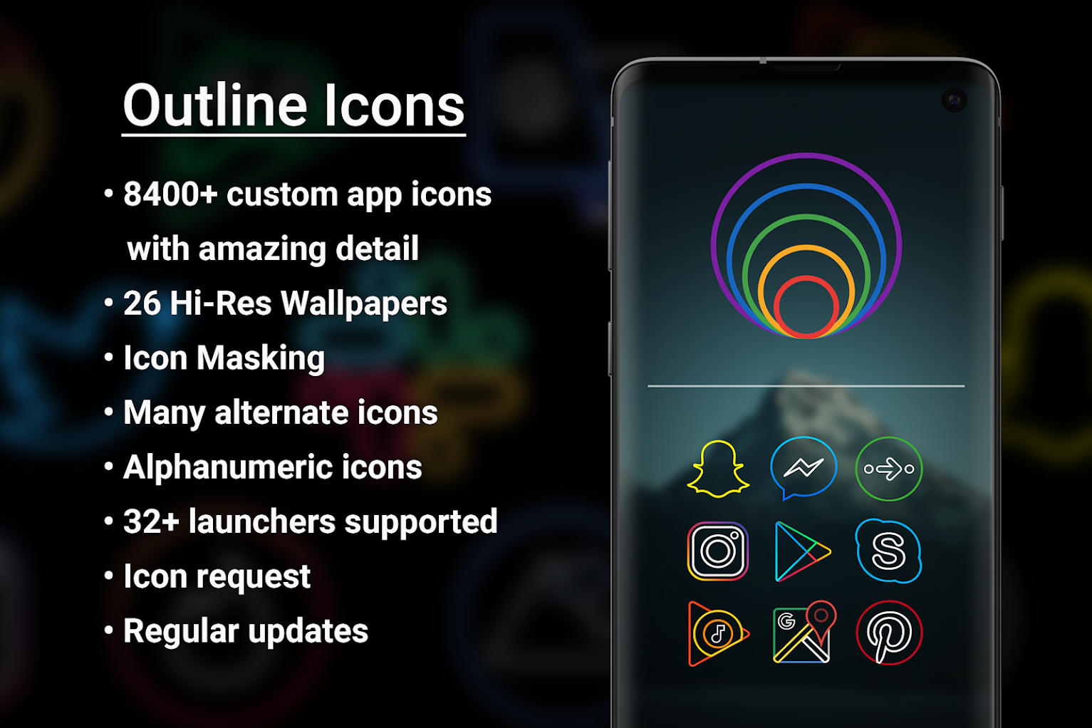 Outline Icons - Icon Pack showcase on phone and with text on dark gray background