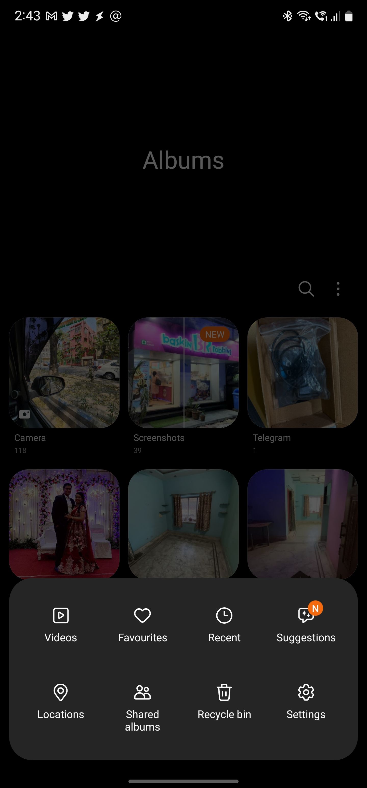 The settings in the Samsung Gallery app with some suggestions available 