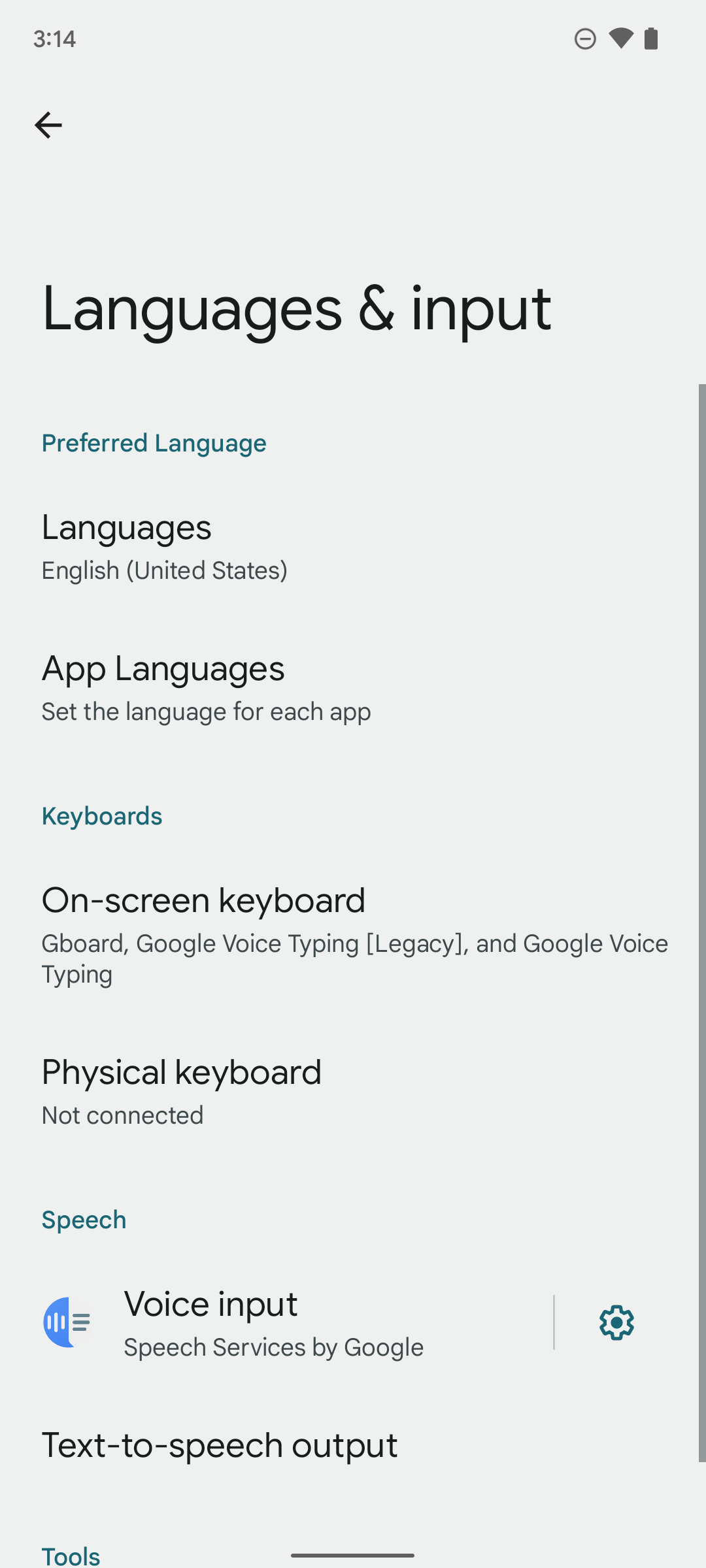 Android 13's Languages & input screen with new App Languages section