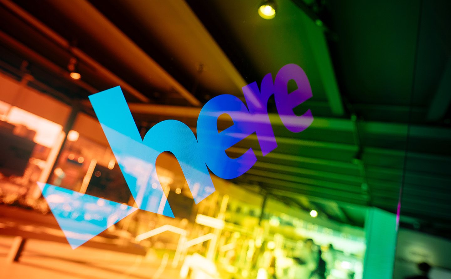 The HERE logo as visible at the HERE Technologies stand at CES in Las Vegas in January 2020 (1)