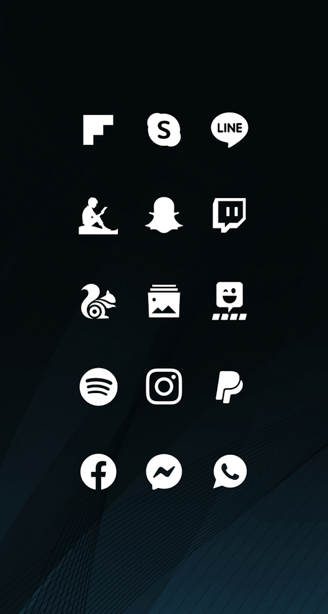 Whicons - White Icon Pack showcase on black gradient background