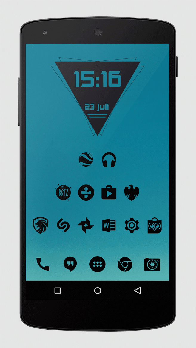 Zwart - Black Icon Pack showcase on teal-colored phone graphic on light gray background