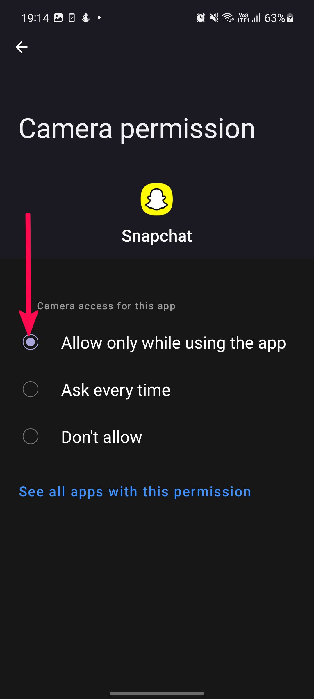 Screenshot highlighting 'Allow only while using the app' on Snapchat