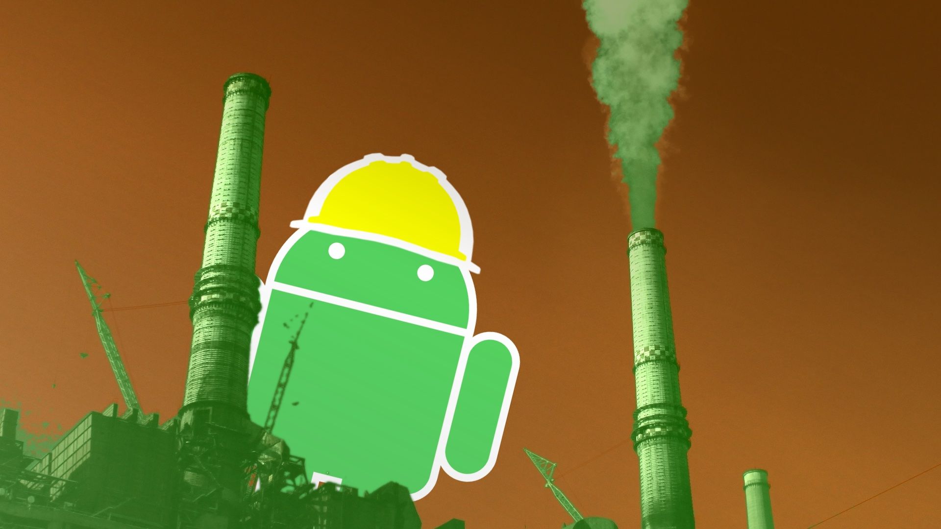 Google's Bugdroid looming over large green pipes