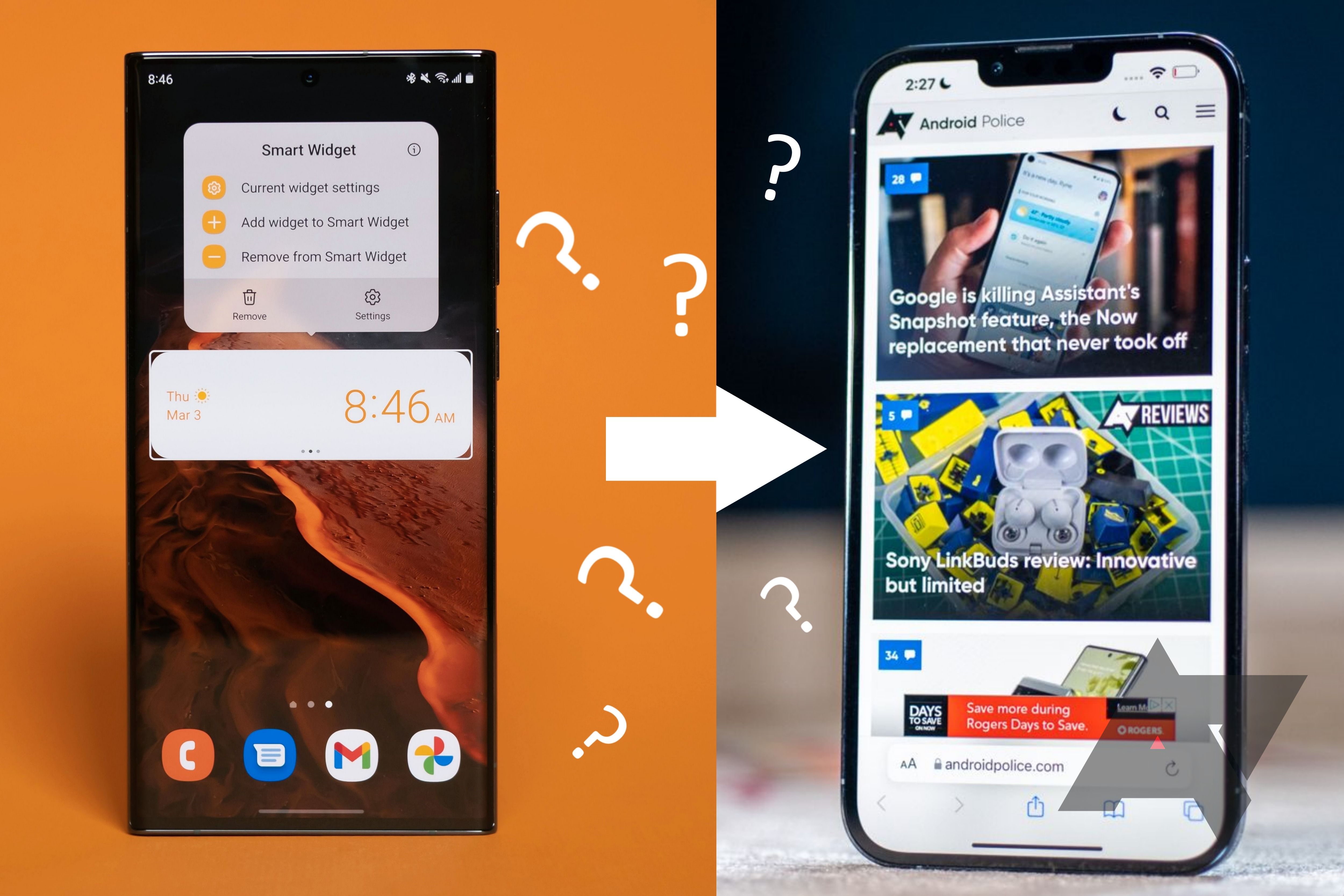 Galaxy S22 and iPhone 13 Pro Max with arrow showing transition and question marks