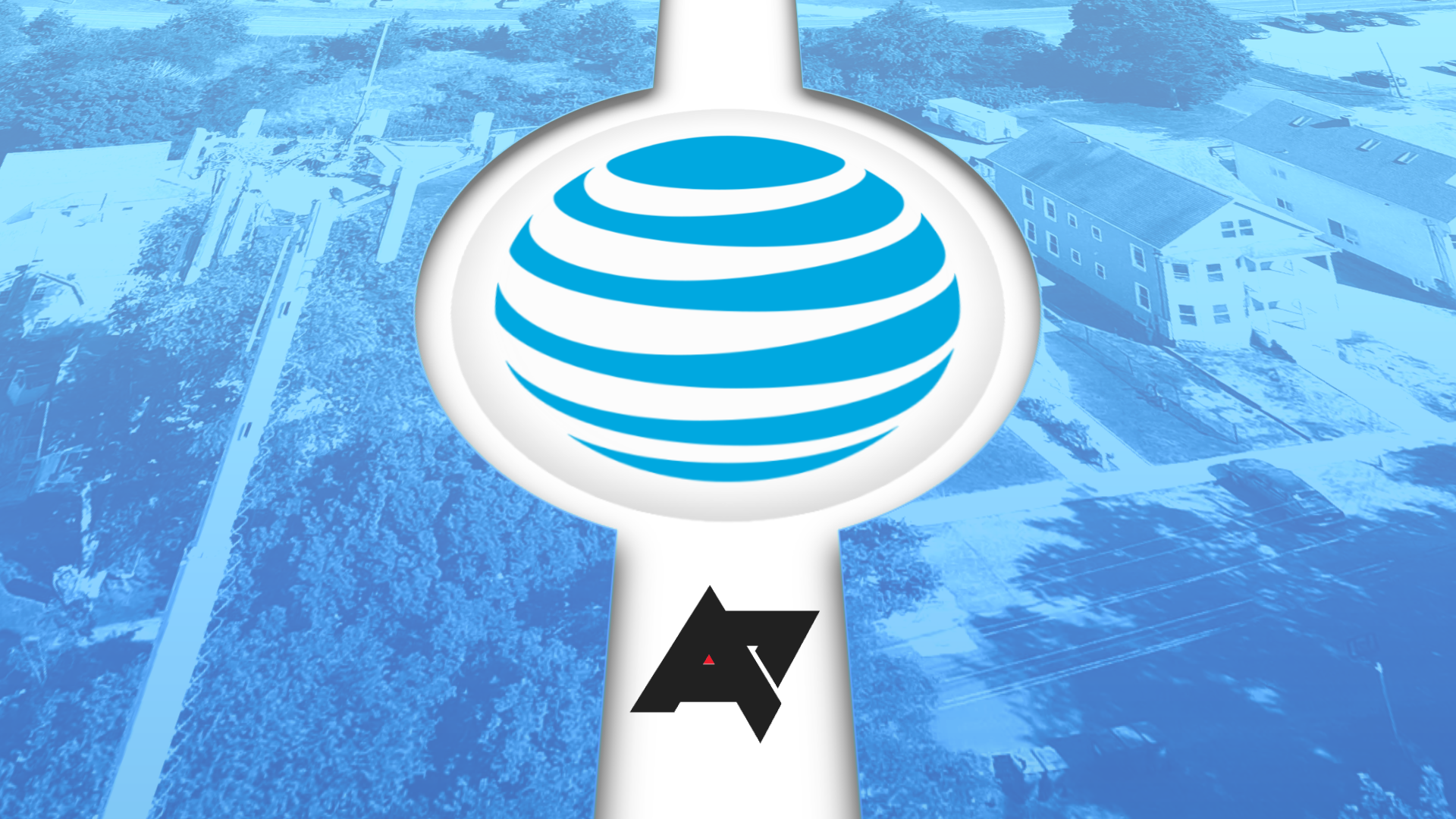 The AT&T logo with an image of a cell tower in the background