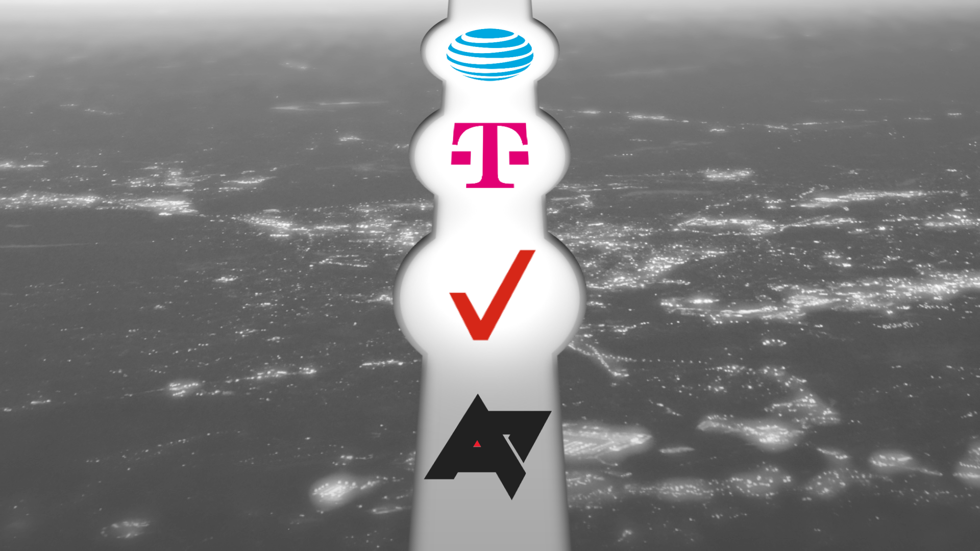 An image showcasing AT&T, T-Mobile, and Verizon Wireless logos above in the sky