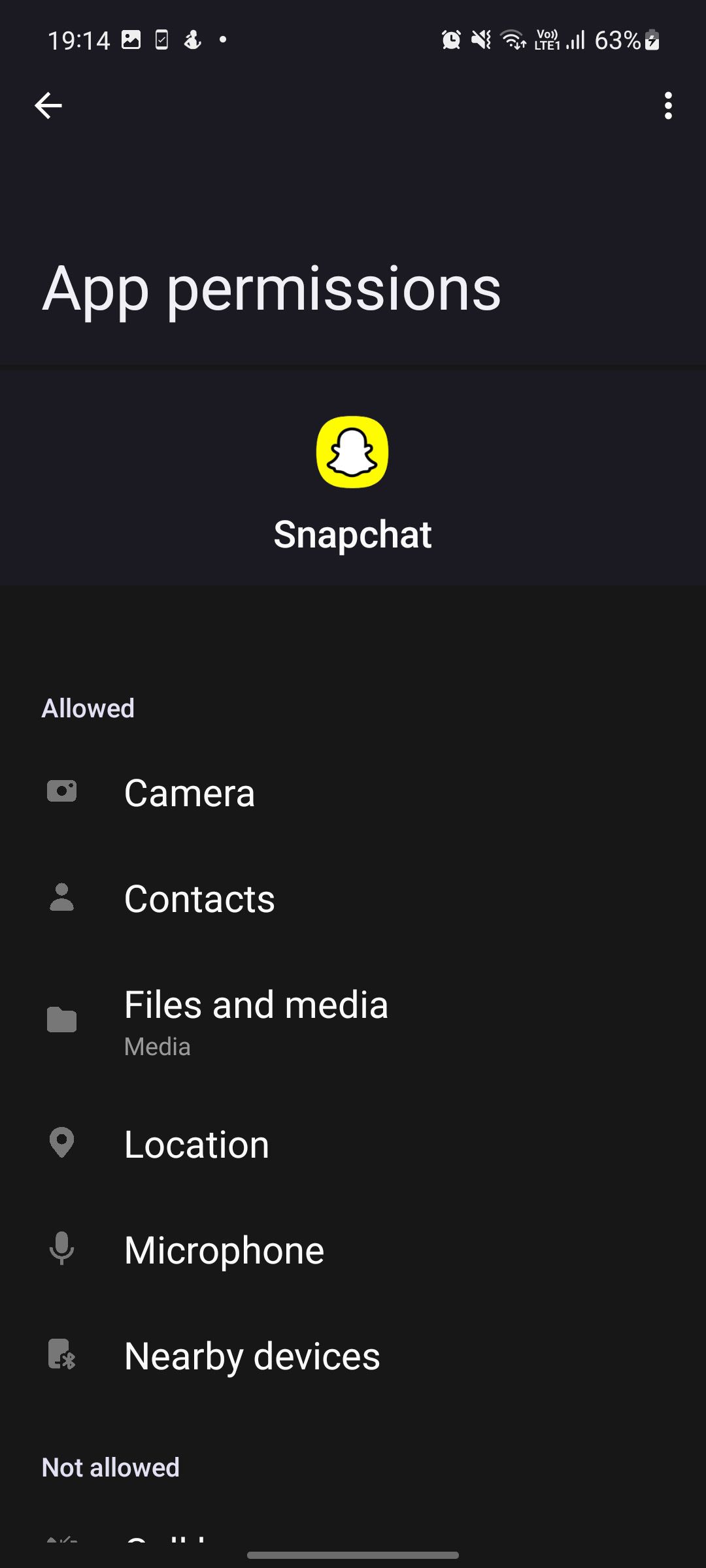 Screenshot of list of Snapchat app permissions