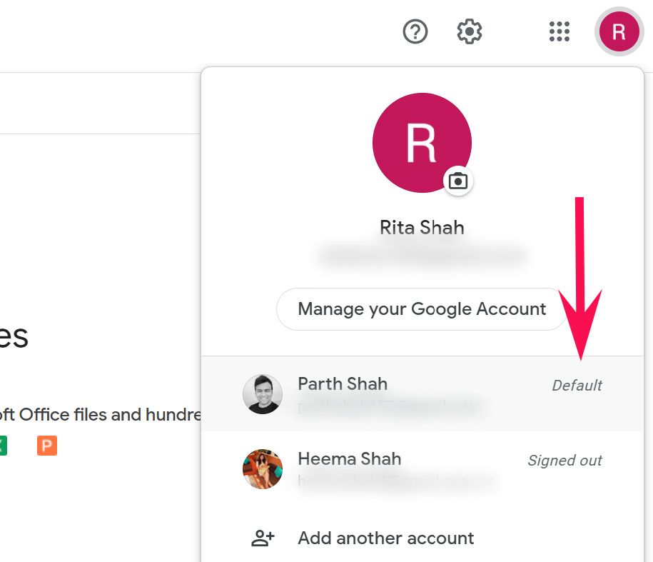 A visual representation of a primary or default Google account,  distinguished by a red arrow and a 'default' label, indicating that this is the main account used for Google services and apps.