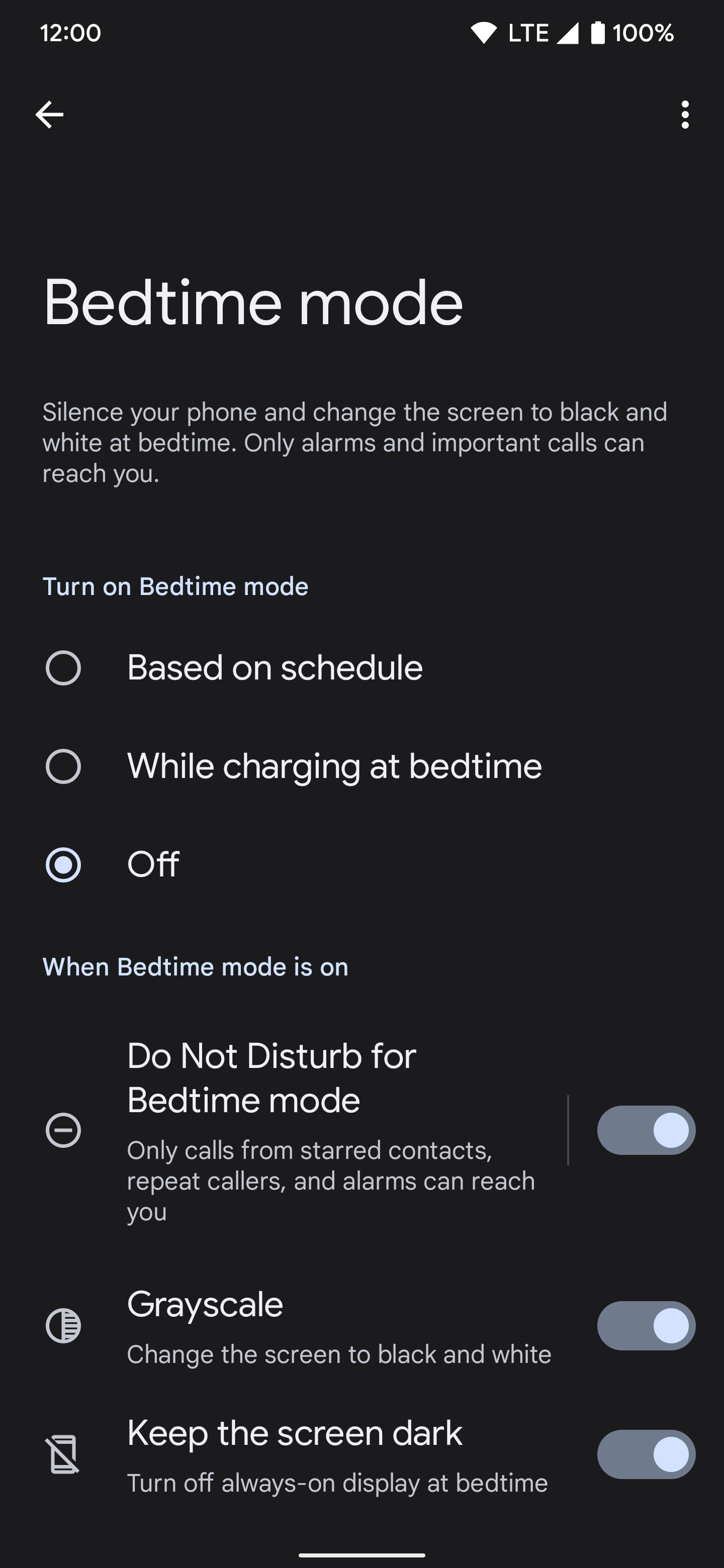 Screenshot shows Bedtime mode settings page with various customization options.