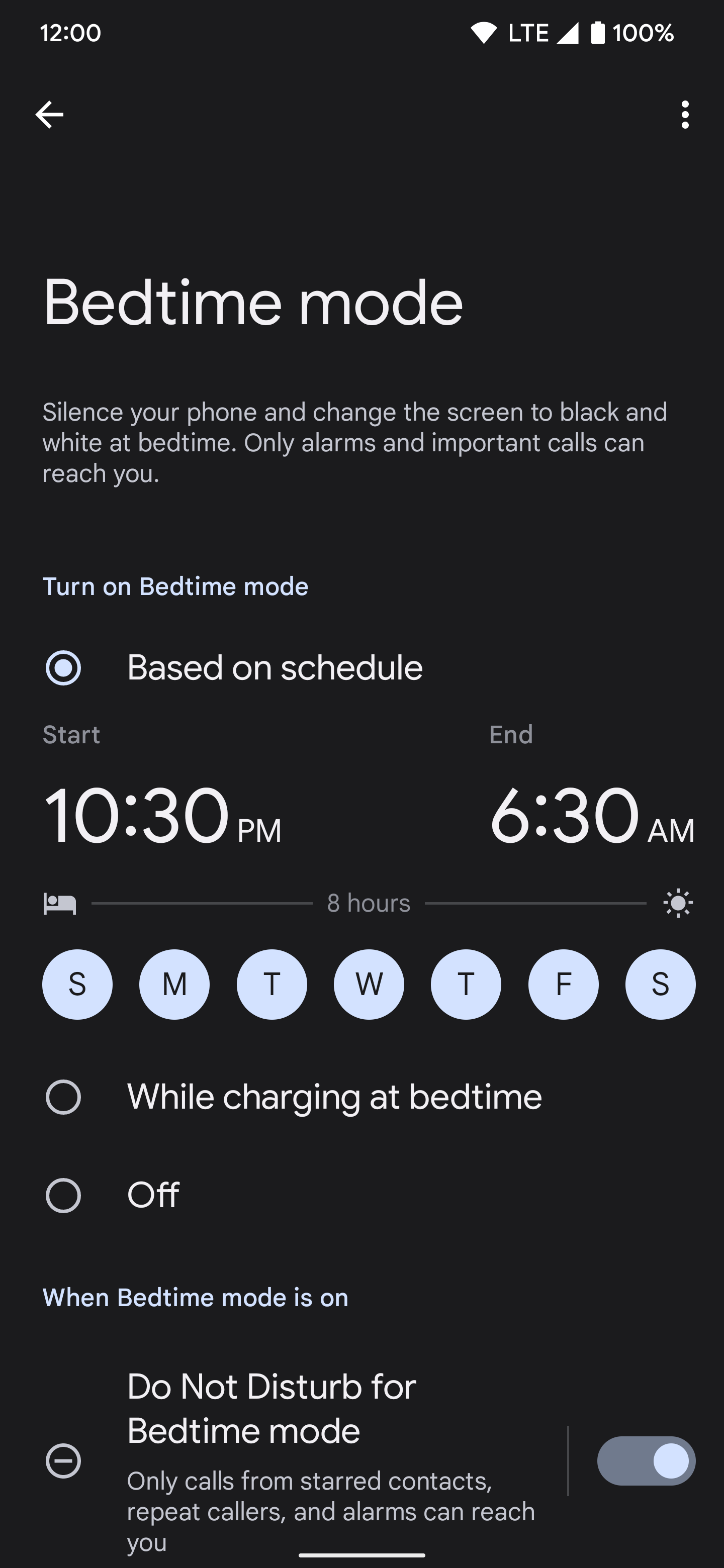 Screenshot shows Bedtime mode schedule customization page.
