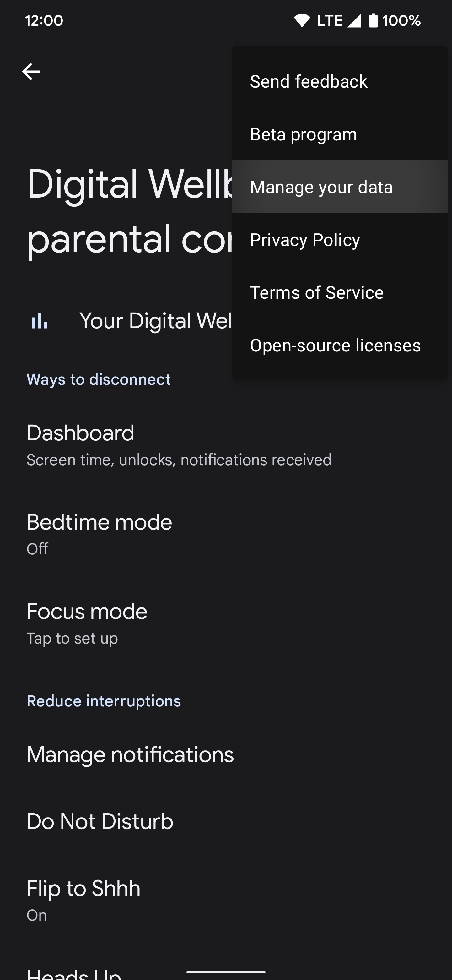 Screenshot of Digital Wellbeing page in Android Settings with the triple dot drop down displayed in the top right.