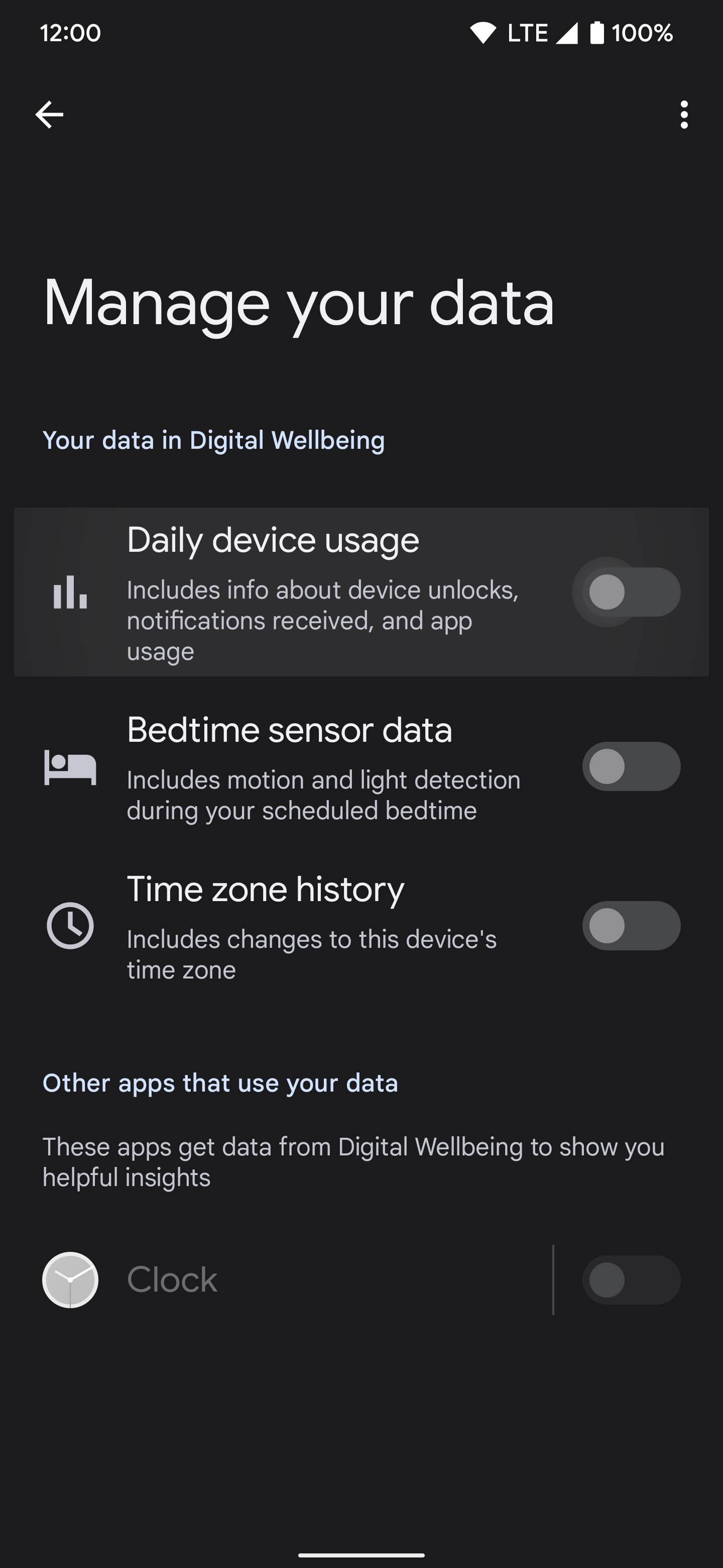 Screenshot shows 'Manage your data' page in Digital Wellbeing settings. Toggle options are shown for Daily device usage, Bedtime sensor data, and Time zone history.