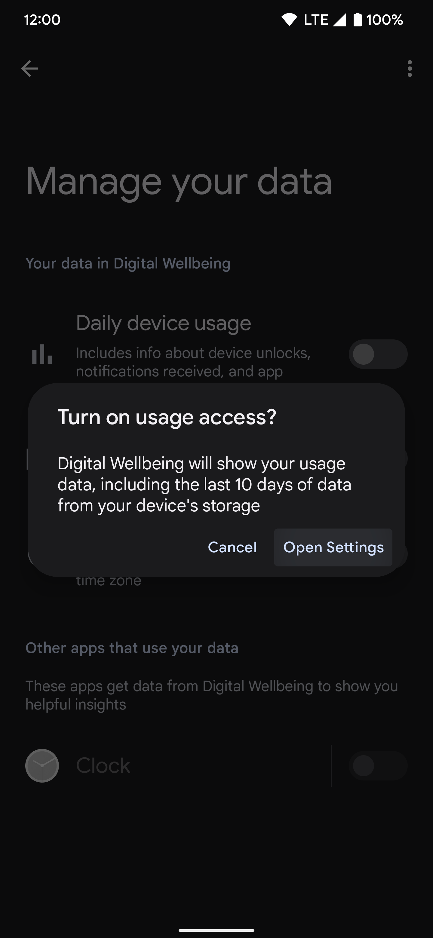 Screenshot shows the 'Turn on usage access?' pop up, with options to 'Cancel' or 'Open Settings'.