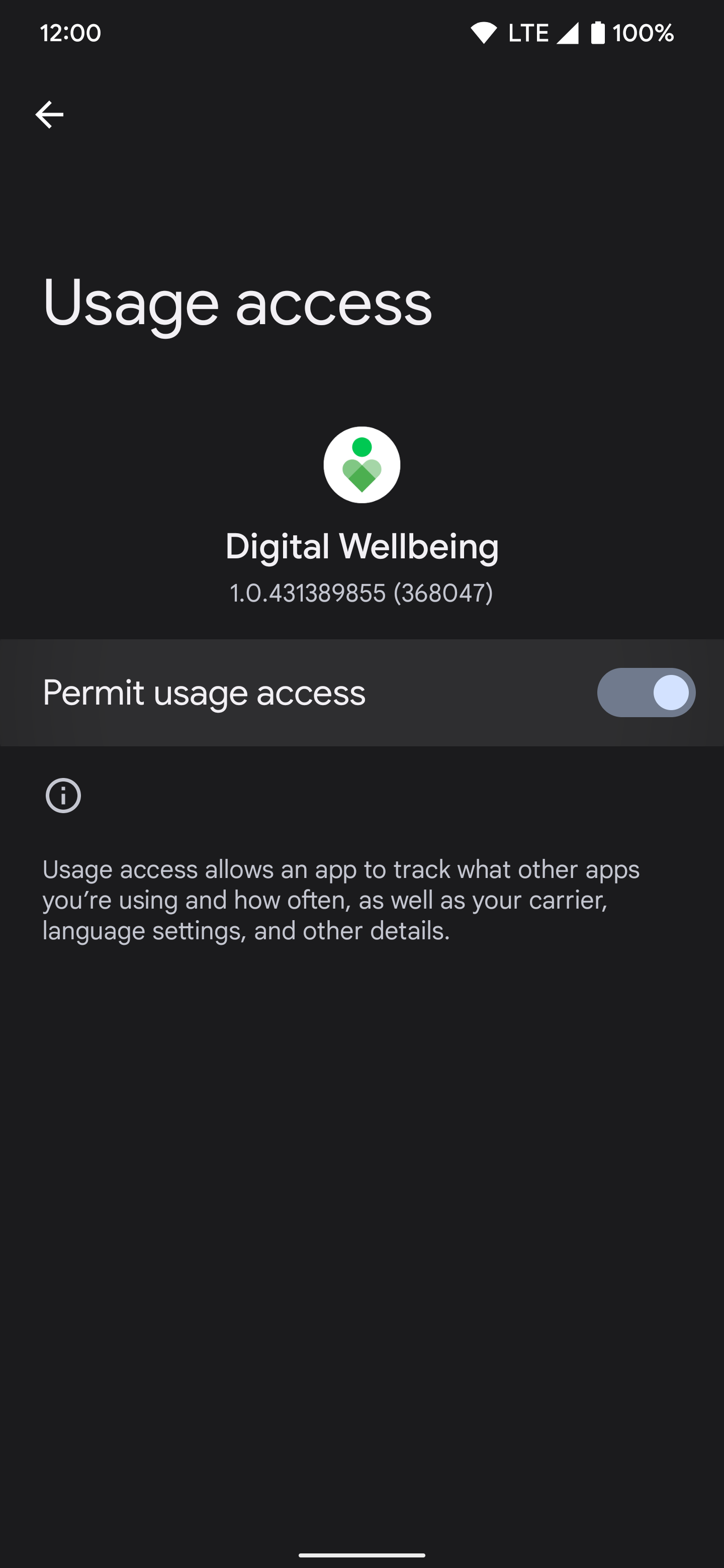 Screenshot shows the Usage access page specifically for Digital Wellbeing, and the 'Permit usage access' option toggled on.