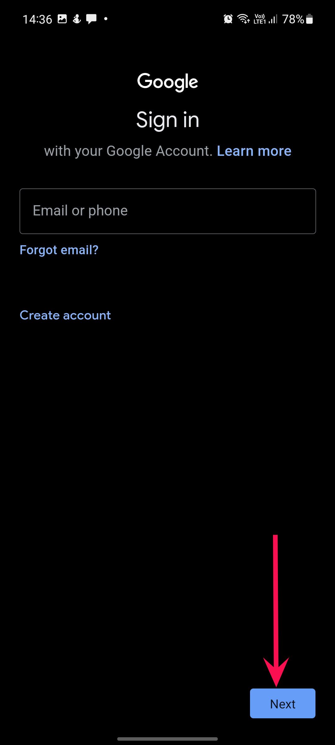 android phone screenshot showing sign in window in dark mode