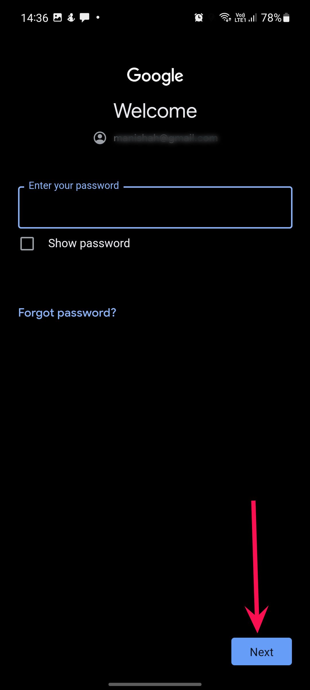android phone screenshot showing enter password window in dark mode