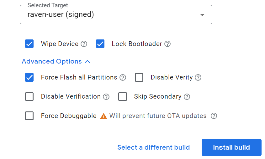Reviewing the advanced options before installing the build on the Android Flash Tool.